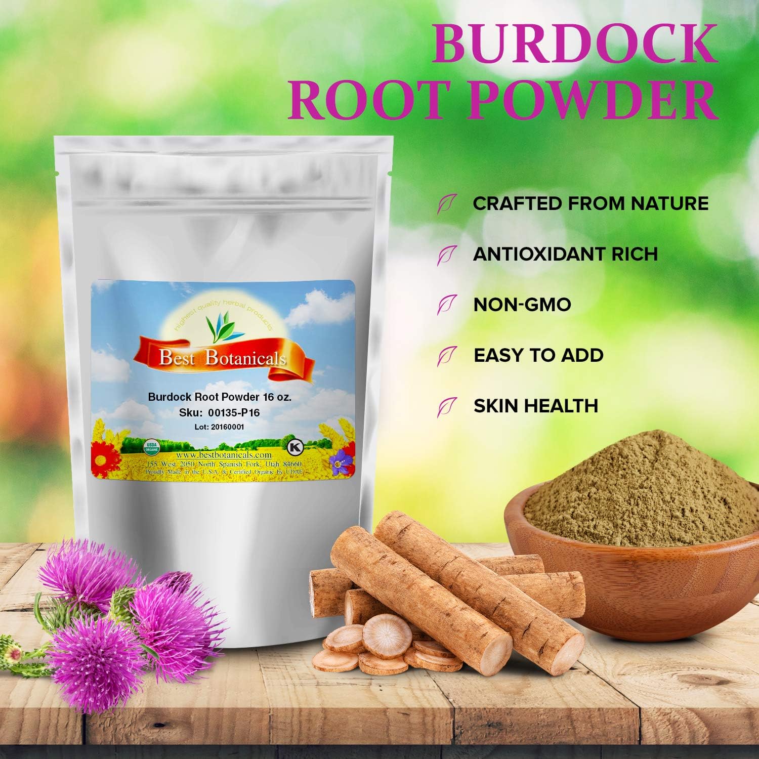 Best Botanicals Organic Burdock Root Powder 16 oz - USDA Certified, Gluten-Free & Vegan - Supports Detox & Skin Health for Tea, Smoothies & Herbal Remedies