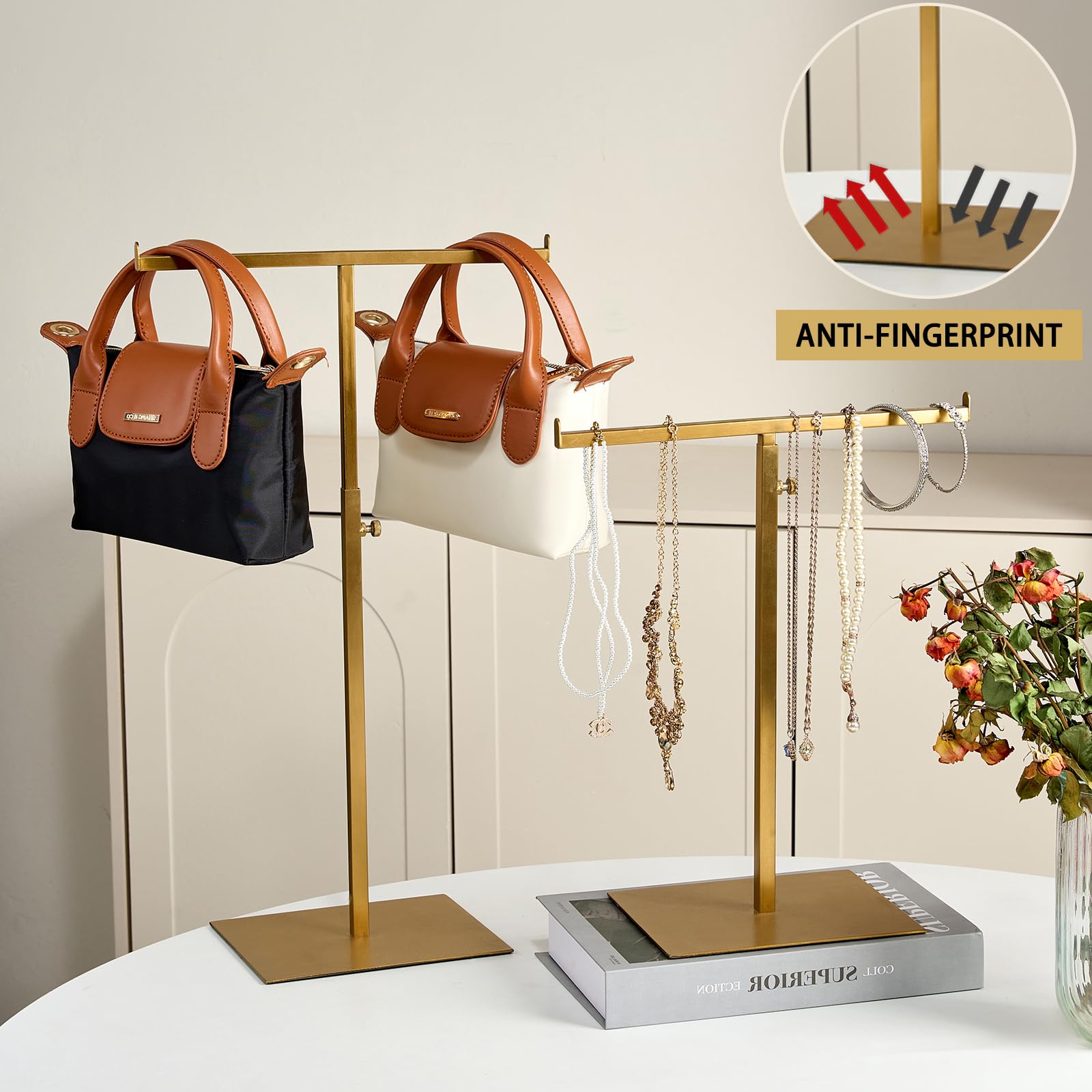 Stainless Steel Purse & Jewelry Display Stand - 2 Pack Adjustable Height Double Hook Hanging Organizer for Necklaces, Handbags - Perfect for Boutique, Home & Retail Store Displays