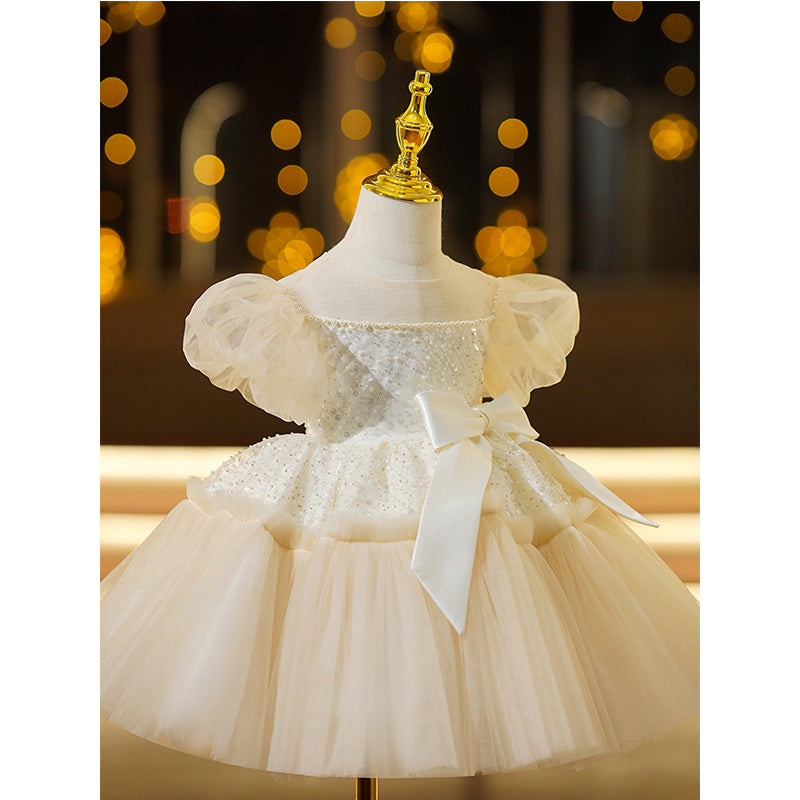 Elegant Champagne A-Line Flower Girl Dress with Sequin & Tulle for Weddings, Parties, and Special Occasions