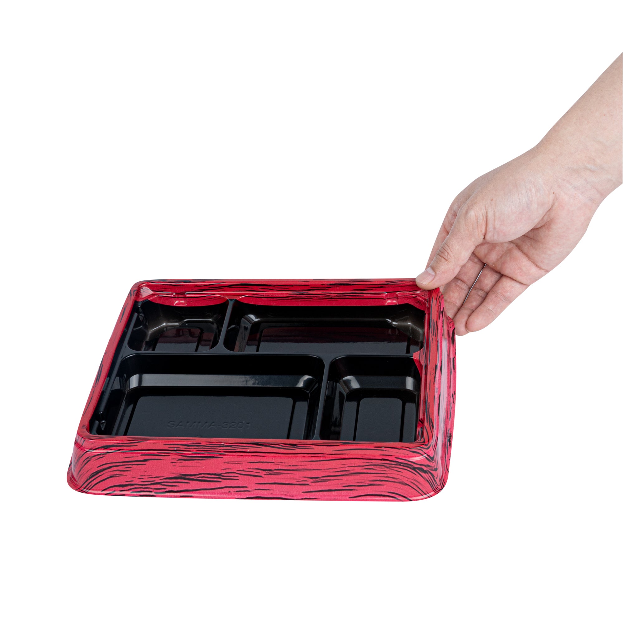 Bento Tek 15 oz Rectangle Red and Black Plastic Bento Box with 4 Compartments - 8.75