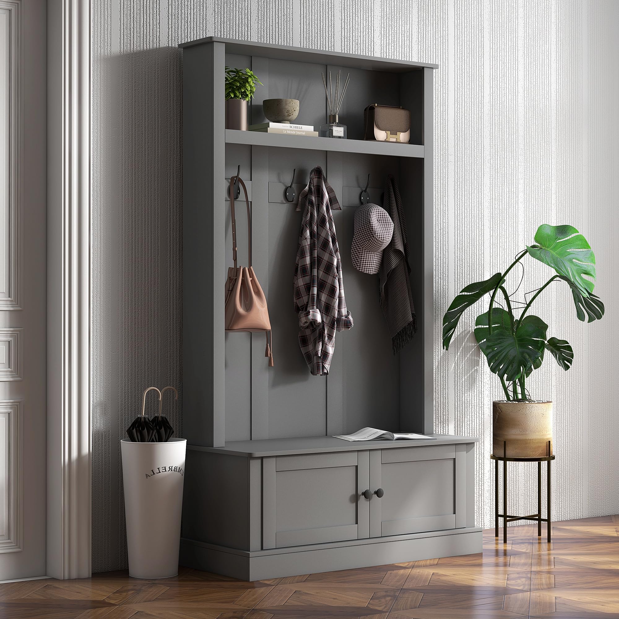 HOMCOM Entryway Bench with Storage & Hooks - Hall Tree Coat Rack, Shoe Storage Cabinet & Shelf - Mudroom Bench for Hallway, Living Room & Entryway Organization - Gray