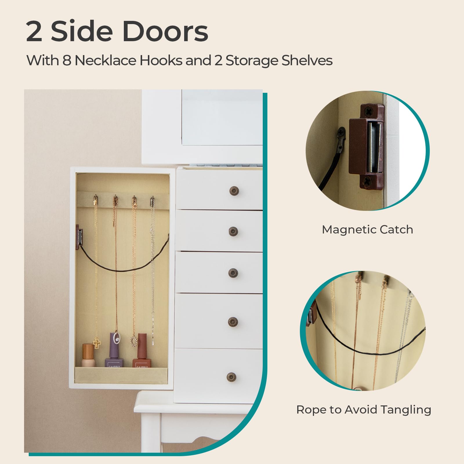 GOFLAME Standing Jewelry Cabinet Armoire with Flip Mirror, 4 Drawers & 8 Necklace Hooks - White Jewelry Storage Organizer for Bedroom, Vanity & Closet - Perfect for Necklaces, Rings, Earrings & Bracelets Organization