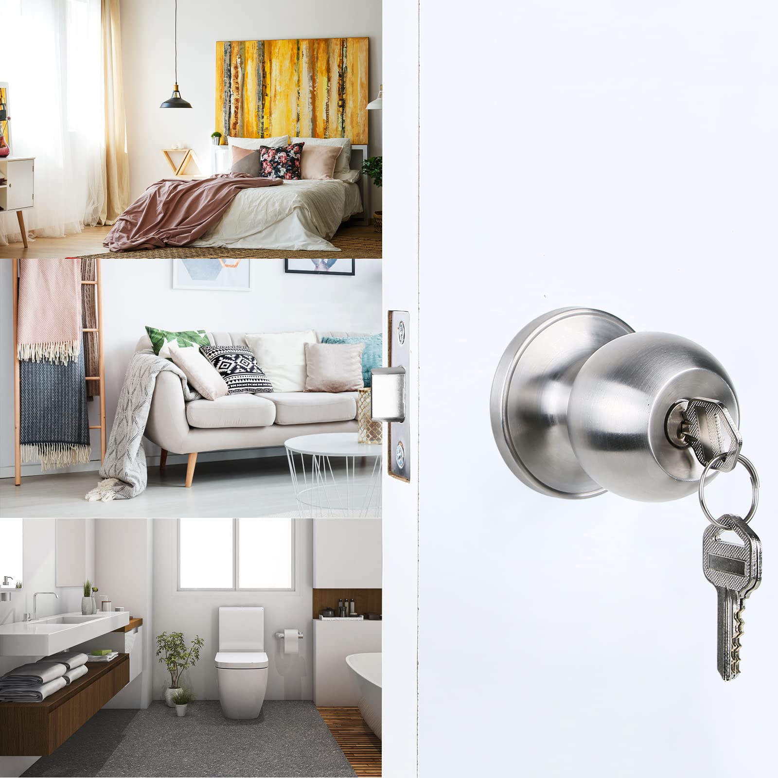 Stainless Steel Door Knob with Lock & Key - High Security Bedroom Door Handle, Ball Style Doorknob with 3 Keys & 3-Year Warranty | Perfect for Home, Office, Apartment & Interior Door Security