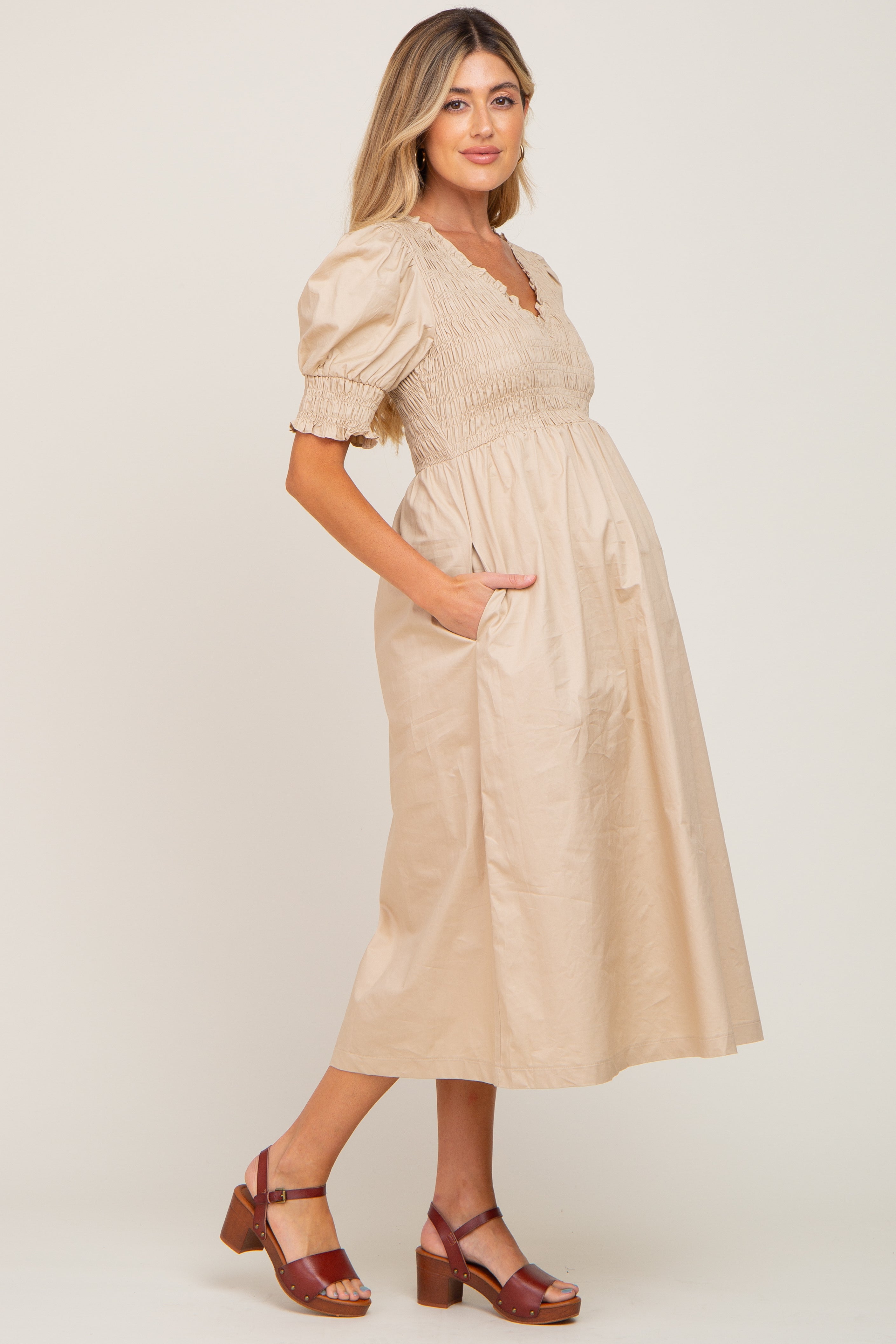 Beige Smocked V-Neck Puff Sleeve Maternity Midi Dress for Pregnancy - Comfortable Stretchy Nursing Dress for Baby Shower, Maternity Photo Shoot & Special Occasions
