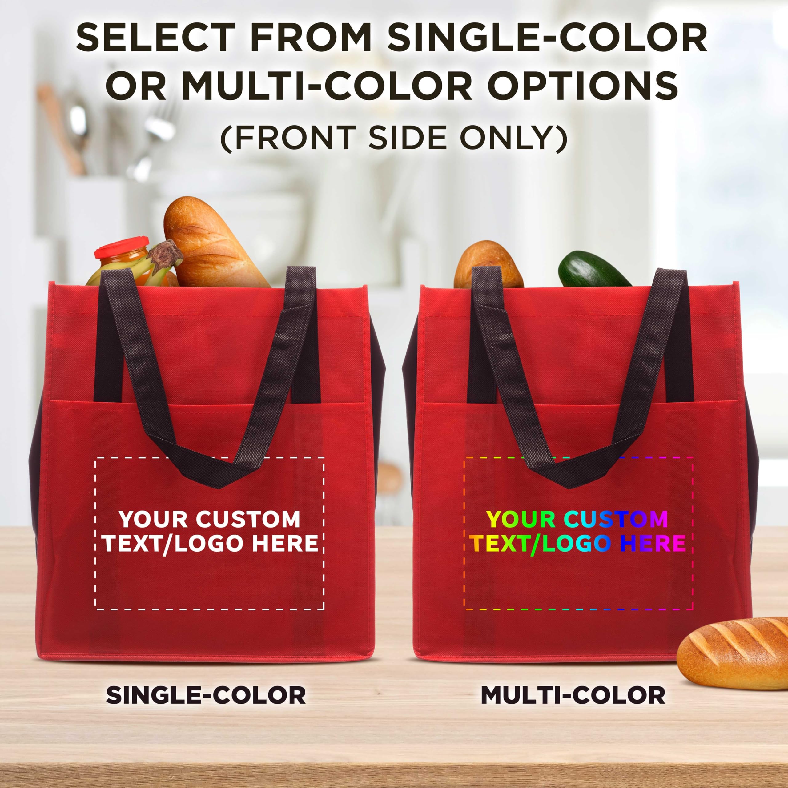 50 Pack Customizable Non-Woven Reusable Tote Bags with Front Pocket - Eco-Friendly Shopping Bags for Grocery, Beach, Promotions & Events (Red, Two Tone, 13