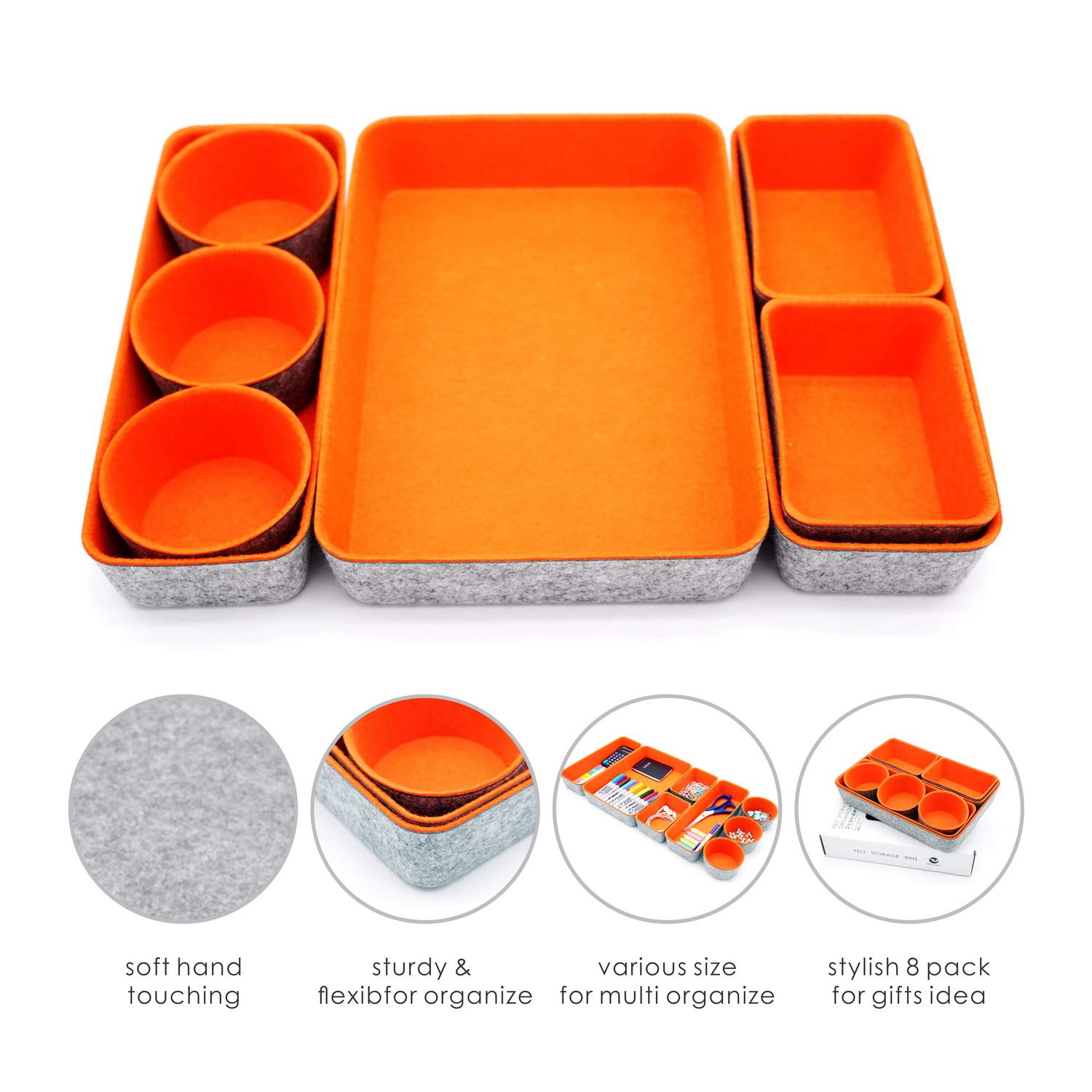 Welaxy 8-Piece Drawer Organizer Trays - Orange Storage Bins & Dividers for Office Supplies, Stationery, Junk - Home & Dorm Organization Solution (Perfect for Desk, Kitchen, Bathroom Organization)