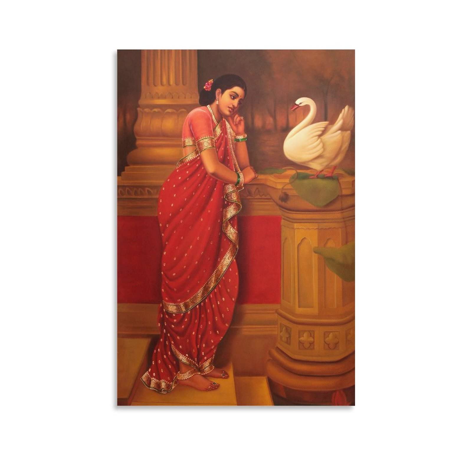 Raja Ravi Varma Hamsa Damayanti Oil Painting Reproduction - Premium Canvas Wall Art Print for Living Room & Bedroom Decor (8x12 Inches) - Perfect for Indian Art Lovers, Home Decoration & Cultural Gift Giving