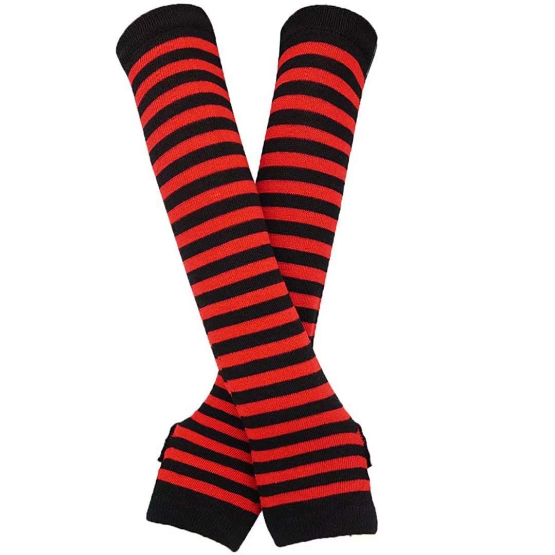 Women's Fingerless Knitted Arm Warmers - Stretchy Long Gloves with Thumbhole in Black & Red - Perfect for Winter, Cycling, Typing & Outdoor Activities