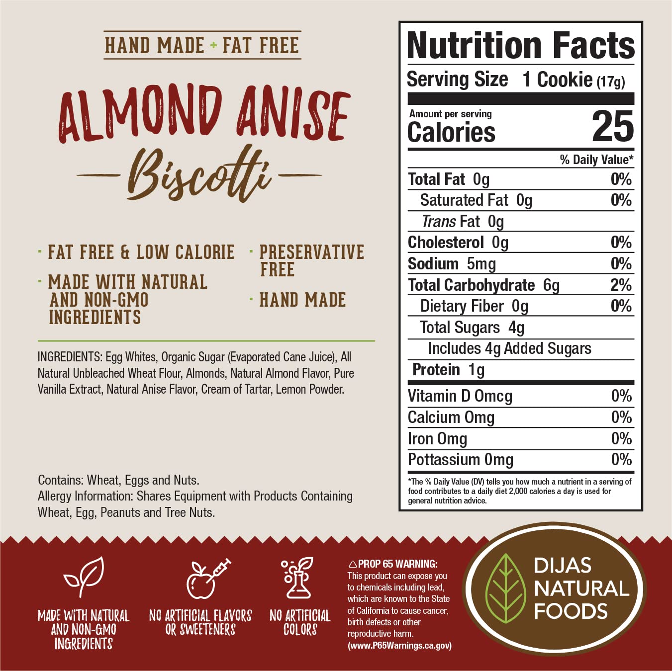 DIJAS Natural Fat Free Biscotti Cookies - Individually Wrapped, Preservative Free, Low Calorie Snack (12oz, Almond Anise) | Perfect for Office Snacks, Gift Baskets & Healthy Desserts