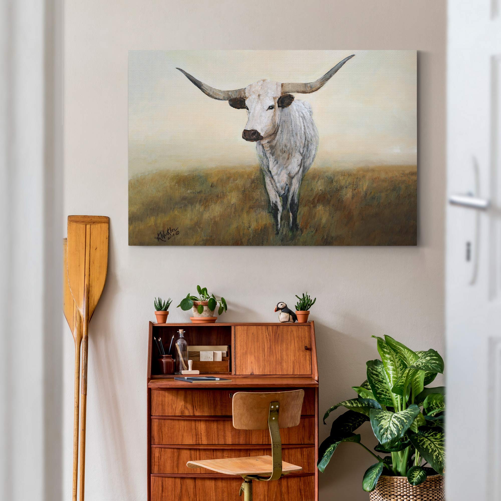 Fierce Longhorn Death Stare Abstract Black & White Canvas Wall Art - 32x48 Inch Modern Animal Painting for Home Decor, Bedroom, Office & Kitchen | Premium Gallery-Wrapped Canvas Print