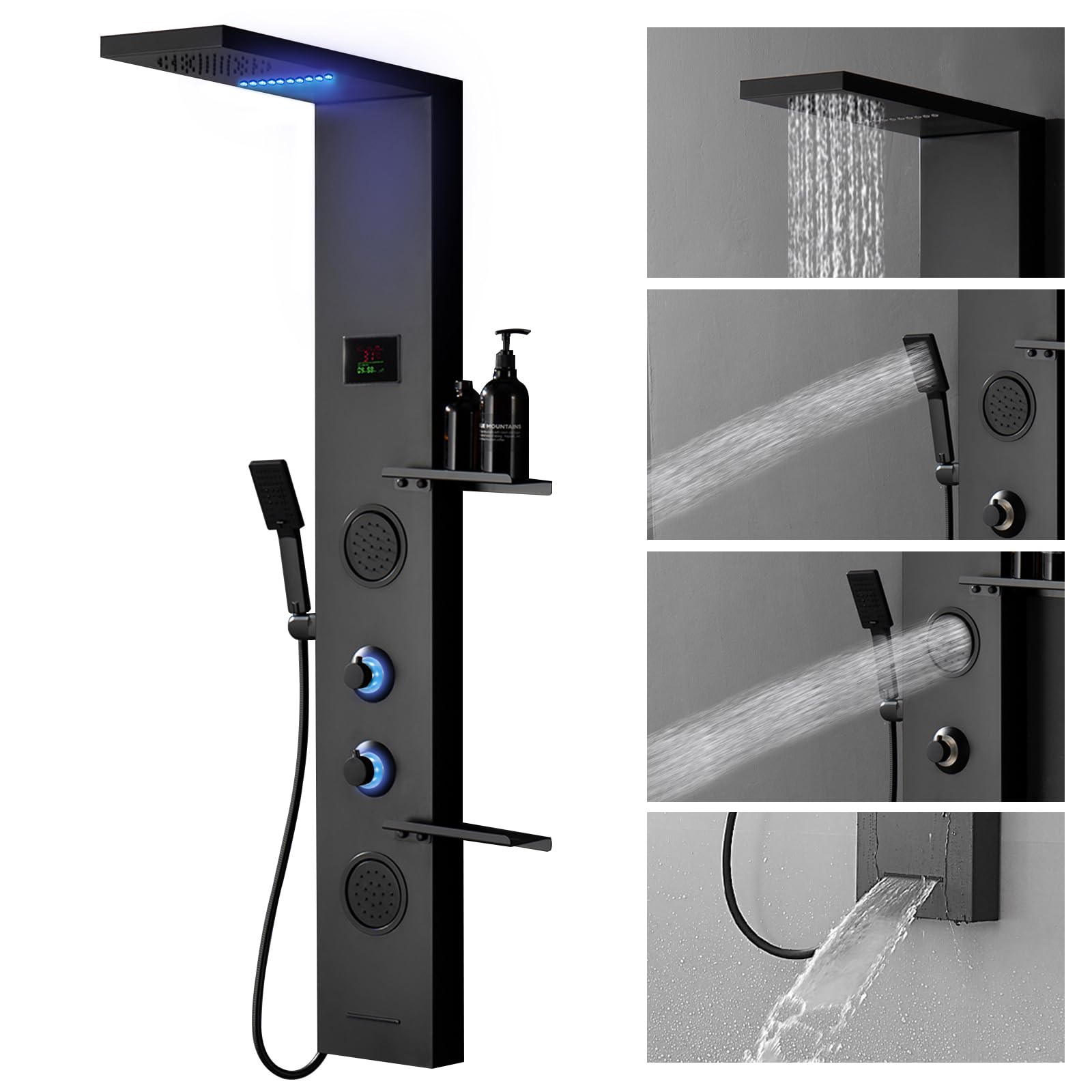 Homevacious 4-in-1 Shower Panel System with LED Rainfall Shower Head, Adjustable Body Jets & Handheld Spray - Matte Black Stainless Steel Bathroom Fixture for Spa-Like Relaxation | Perfect for Modern Bathroom Renovations & Luxury Shower Experiences