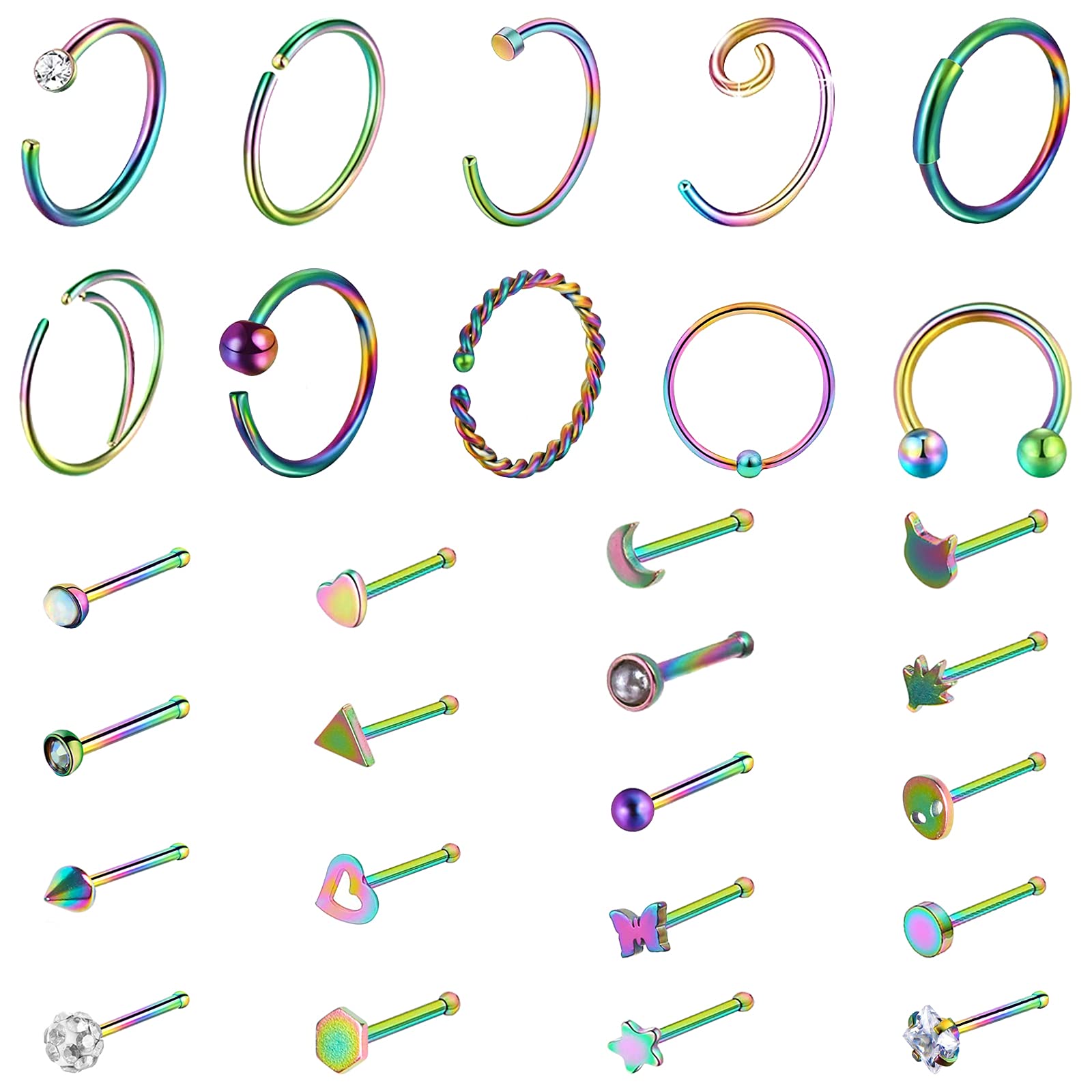 NEWITIN 16-Piece 20G Hypoallergenic Nose Hoop Rings for Women - 316L Surgical Steel Cubic Zirconia Nose Rings | Perfect for Daily Wear, Parties & Gifts