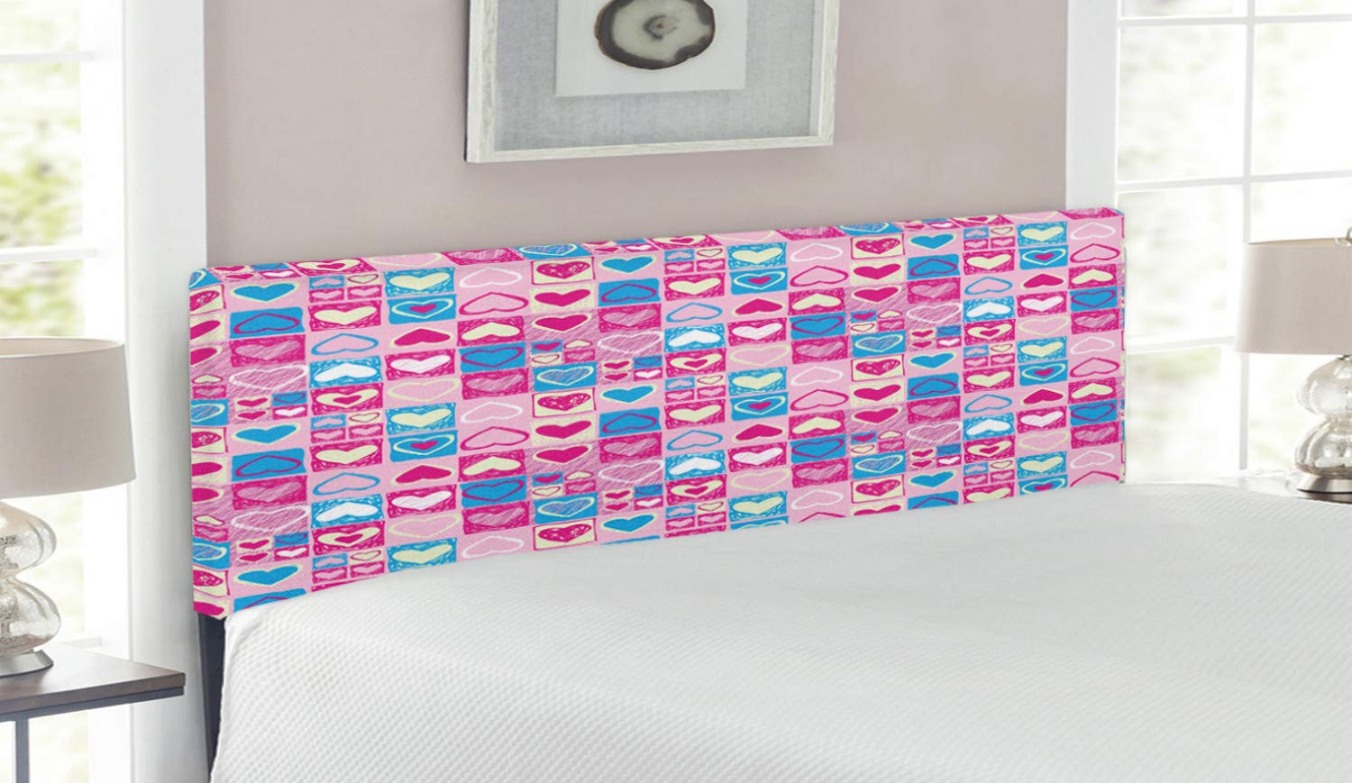 Ambesonne Love Headboard - Doodle Sketchy Hearts in Squares Romantic Design, Upholstered Metal Bed Headboard with Memory Foam, Queen Size in Pink Blue Cream - Perfect for Girls' Bedroom, Teen Room Decor & Romantic Master Bedroom