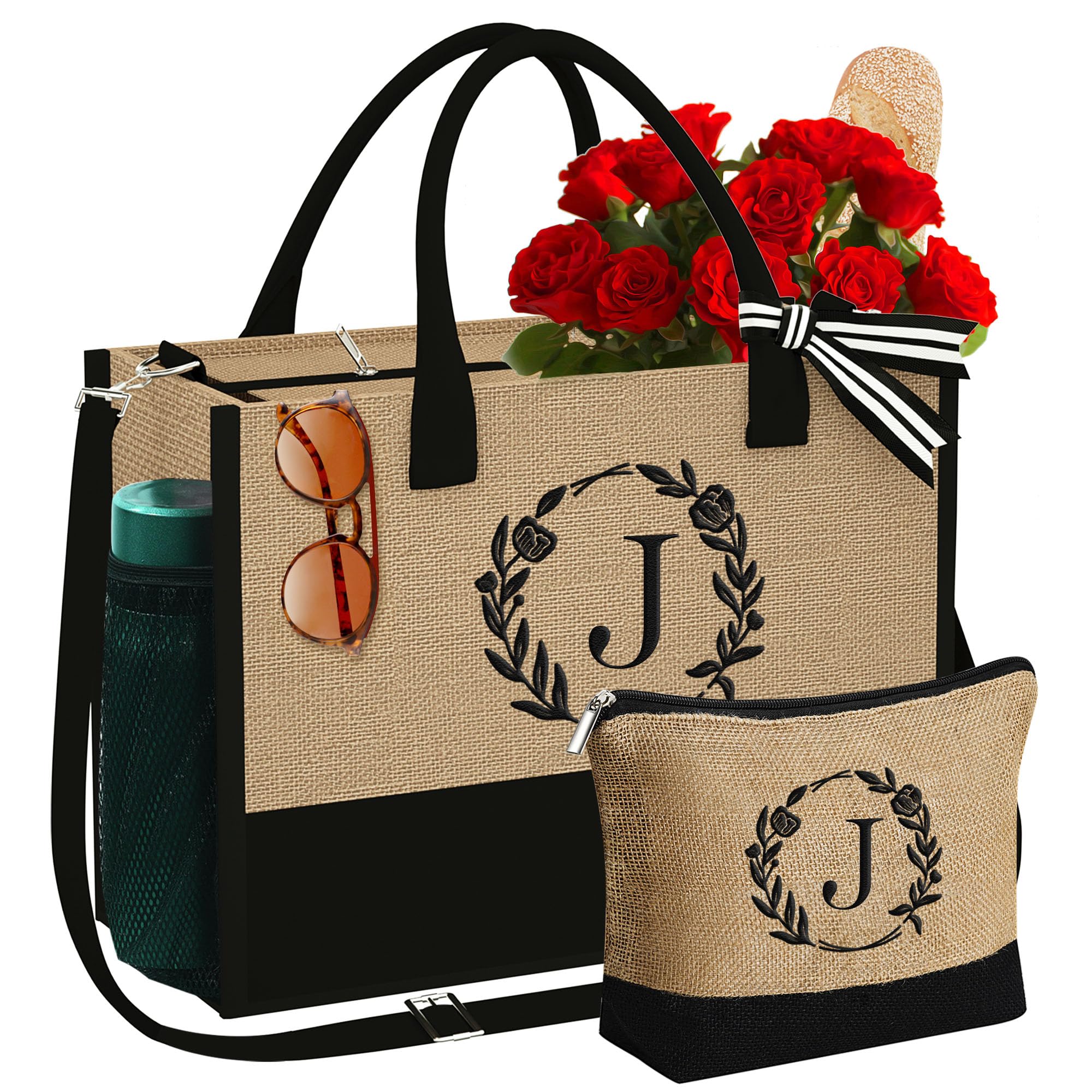 YOOLIFE Personalized Initial Jute Tote Bag & Makeup Bag Set - Monogrammed Gift for Women, Wife, Mom, Teacher, Best Friend | Birthday, Mother's Day, Christmas Present | Perfect for Shopping, Travel & Daily Use