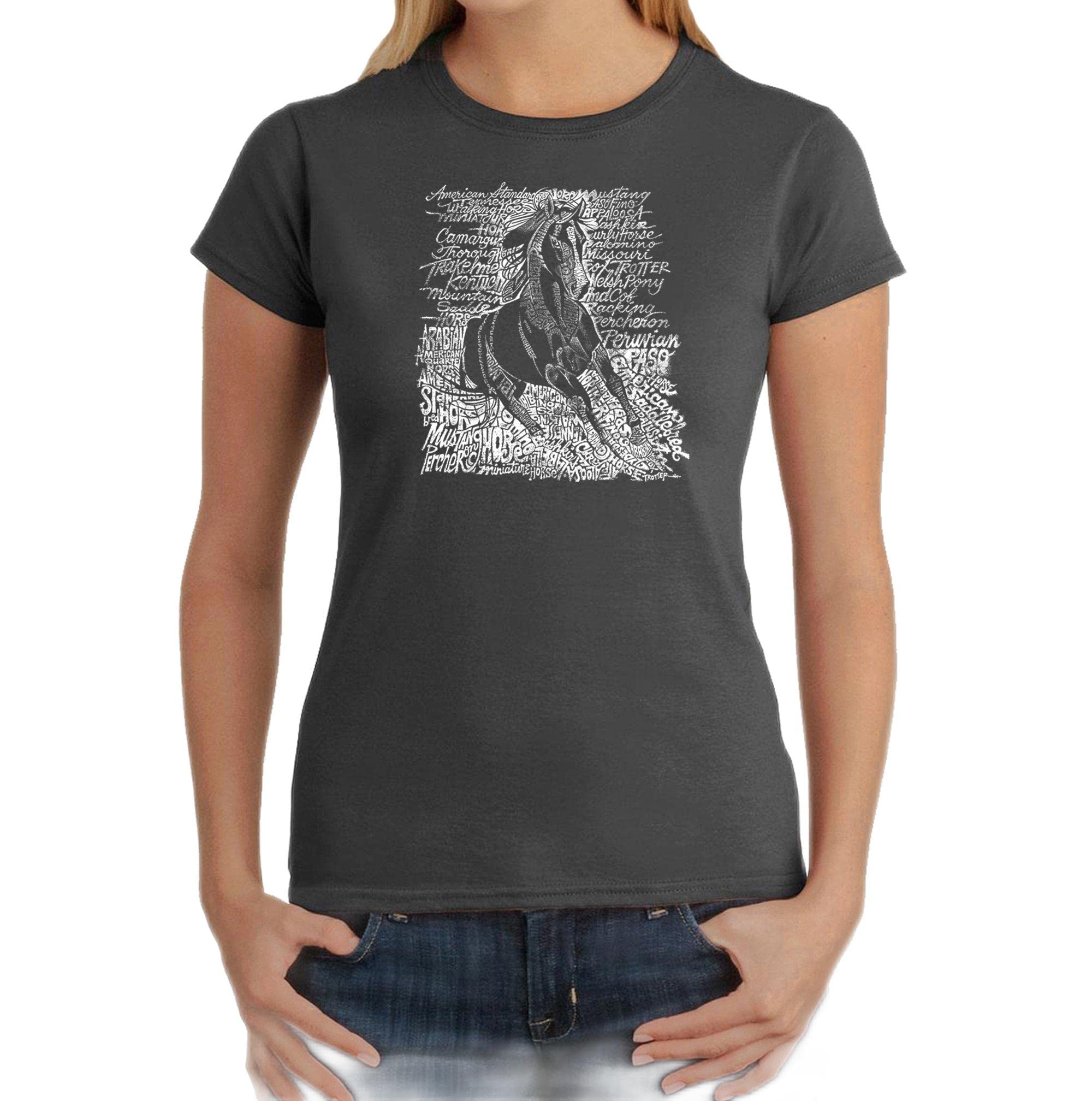 LA POP ART Women's Word Art T-Shirt - Popular Horse Breeds Graphic Tee for Equestrian Lovers | Perfect for Horse Riding, Barn Parties & Country Music Festivals