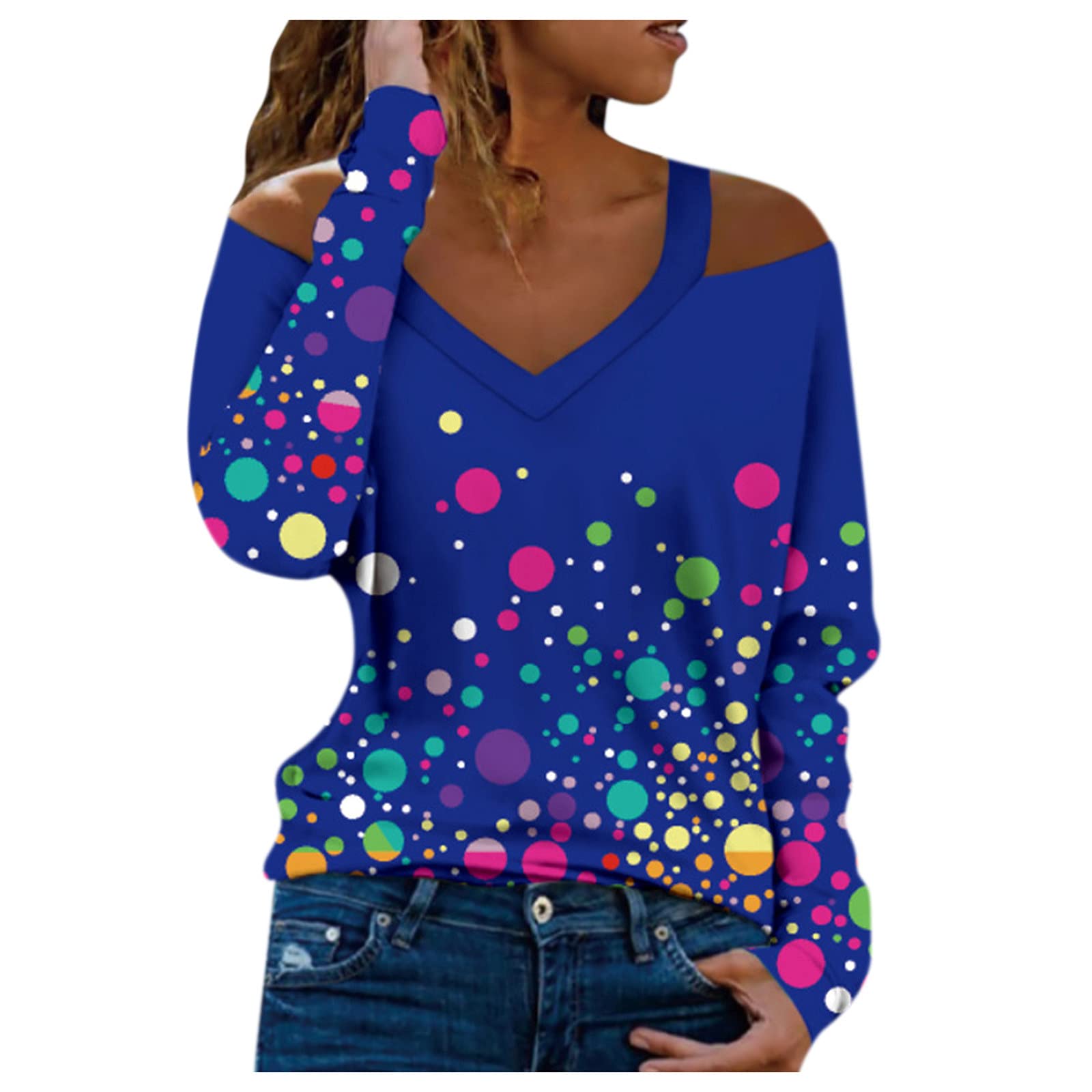 Women's Sexy Rose Printed Cold Shoulder V-Neck Tunic Top - Long Sleeve Loose Fit Blouse for Casual Wear | Perfect for Date Night, Office Outfits & Spring Fashion