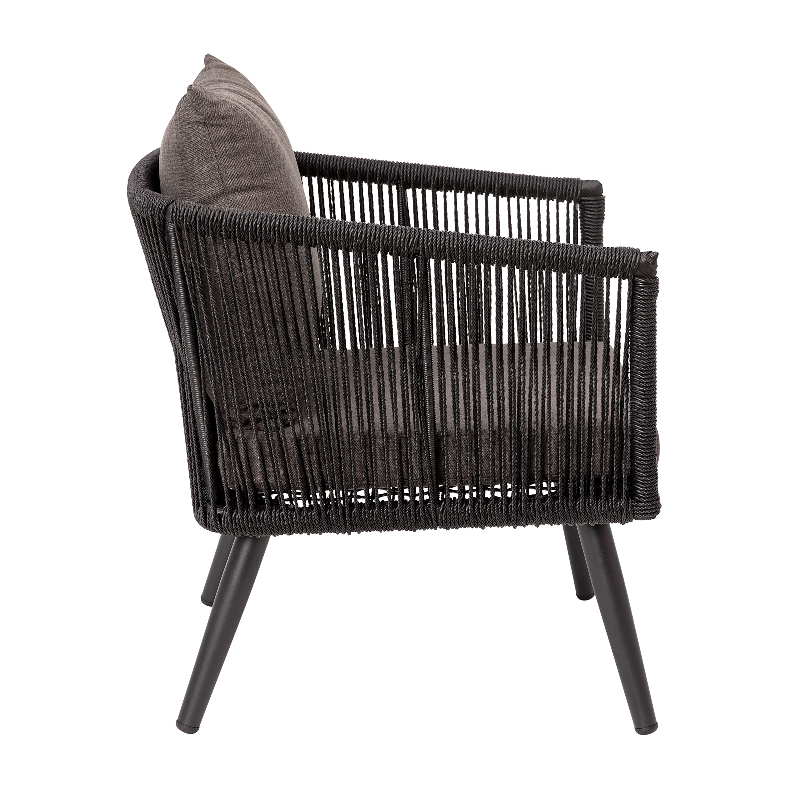 Merrick Lane Magnolia 4-Piece Outdoor Furniture Set - Black Woven Aluminum Loveseat, 2 Chairs & Coffee Table with Gray Cushions - Perfect for Patio, Garden & Backyard Relaxation