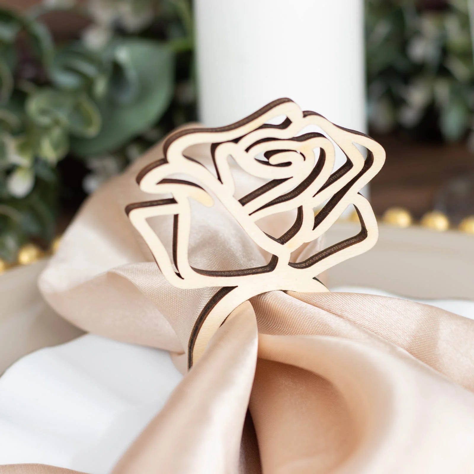 10 Pack Laser Cut Rose Design Wooden Napkin Rings - Natural Wood for Wedding, Party & Holiday Table Decor