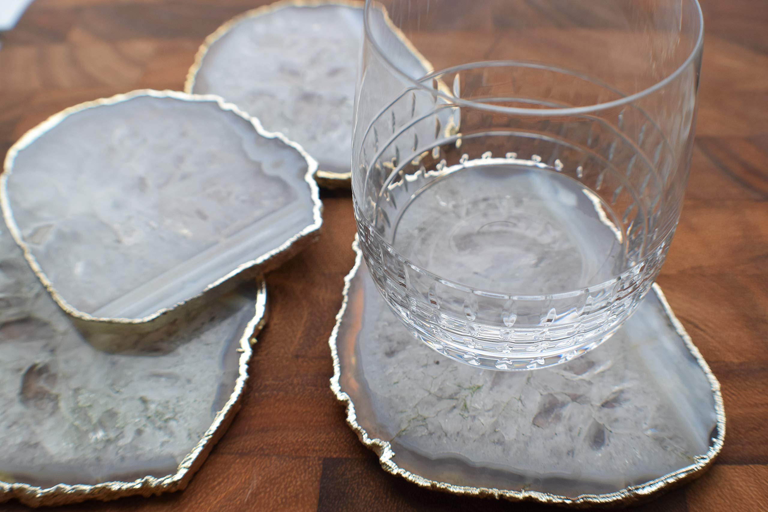 Premium White Agate Slice Coasters Set of 4 with Silver Trim - Natural Stone Drink Coasters for Home Decor, Housewarming Gifts & Elegant Entertaining - Perfect for Coffee Tables, Dining Tables & Wedding Decor