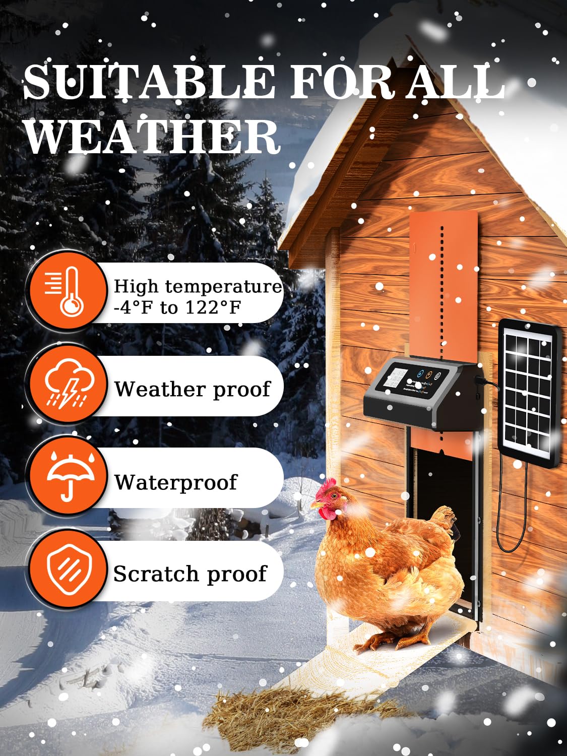Solar Powered Automatic Chicken Coop Door with Timer - Anti-Pinch Safety Design, Durable Aluminum Construction, Solar Panel Charging (Black-Orange) | Perfect for Poultry Farming, Backyard Chicken Keeping & Secure Coop Access