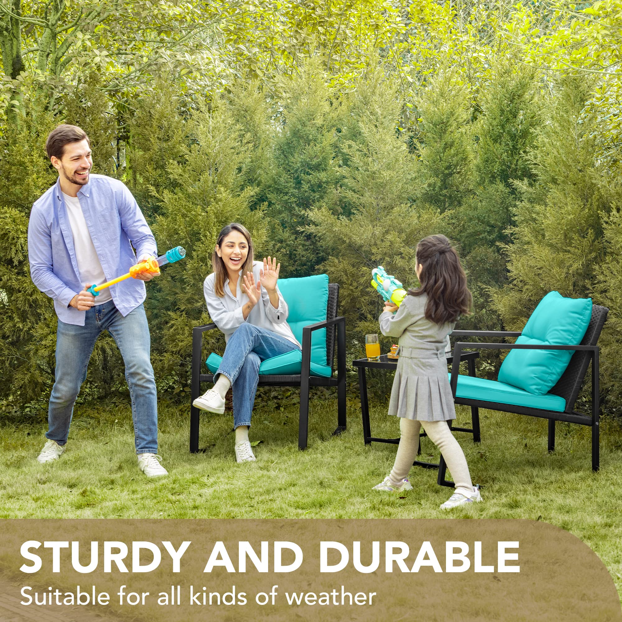 Devoko 3-Piece Wicker Patio Furniture Set - Outdoor Rocking Bistro Chairs with Glass Coffee Table for Porch, Garden & Backyard (Blue) | Perfect for Relaxing, Entertaining & Outdoor Dining