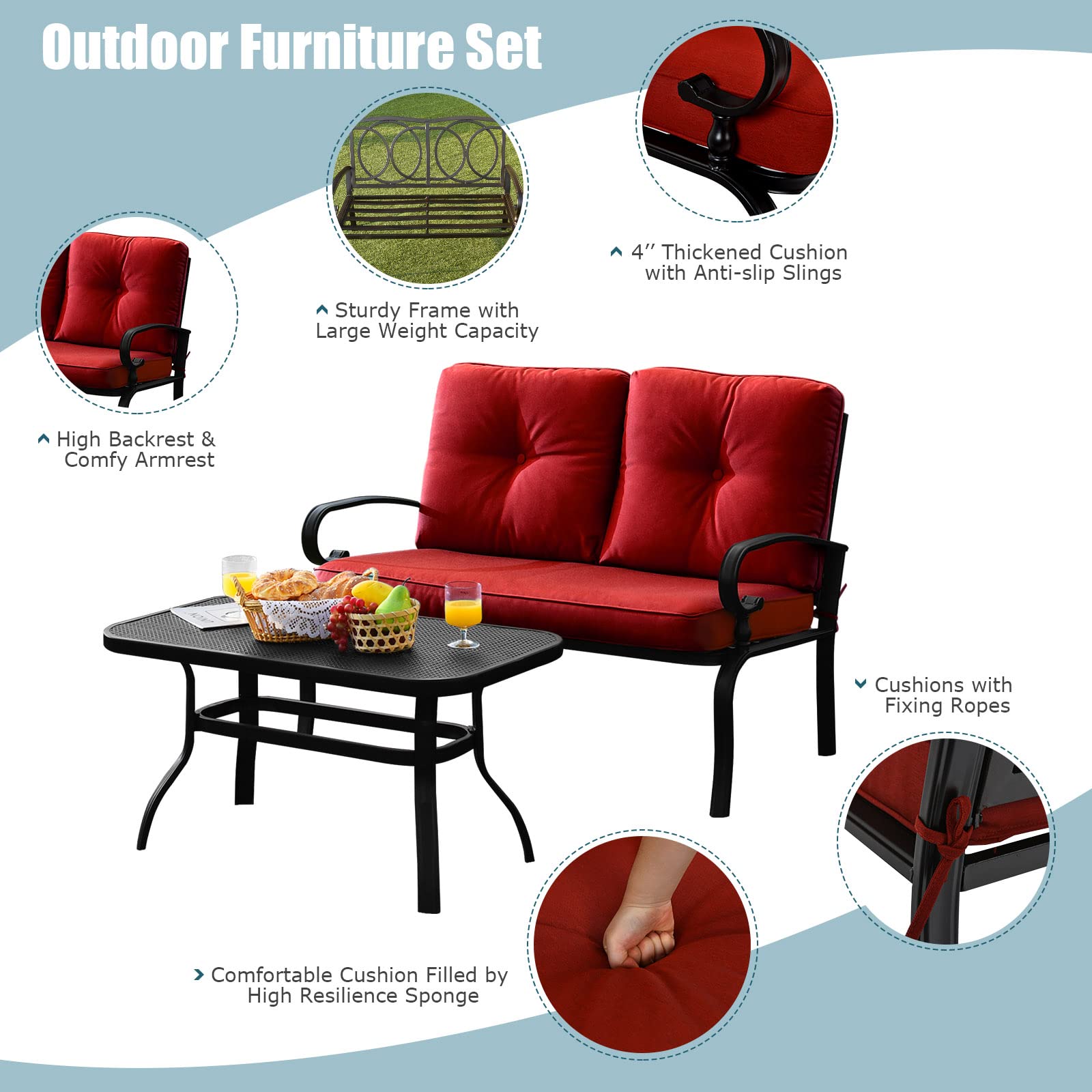 Tangkula 2-Piece Outdoor Patio Loveseat Set with Cushions & Coffee Table - Rustproof Steel Frame, Waterproof Fabric - Perfect for Garden, Poolside, Balcony & Backyard Relaxation (Red)