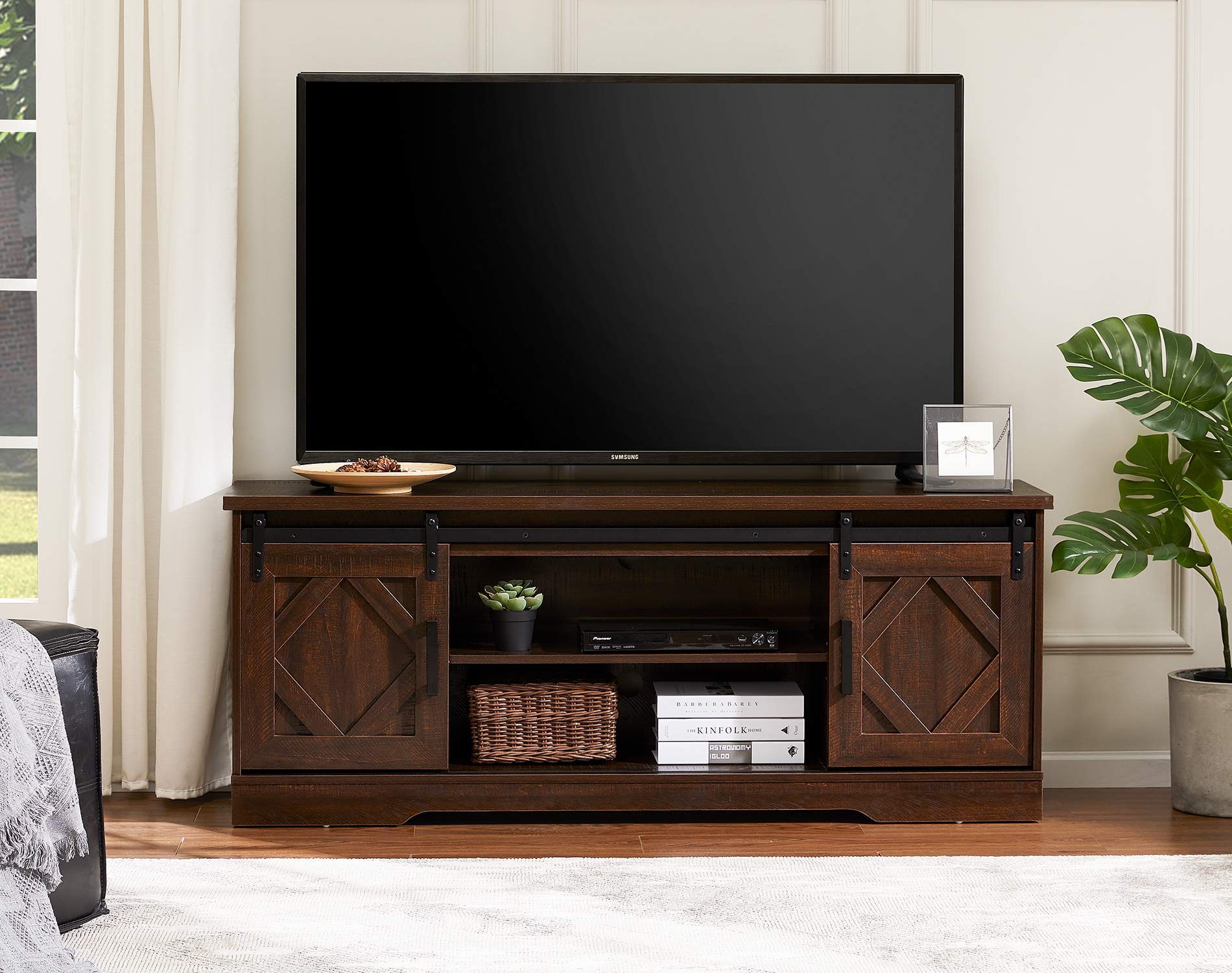 WAMPAT 65 Inch Rustic Brown Farmhouse TV Stand with Sliding Barn Doors - 3-Tier Adjustable Shelf Entertainment Center Cabinet for Living Room, Bedroom & Home Theater Setup