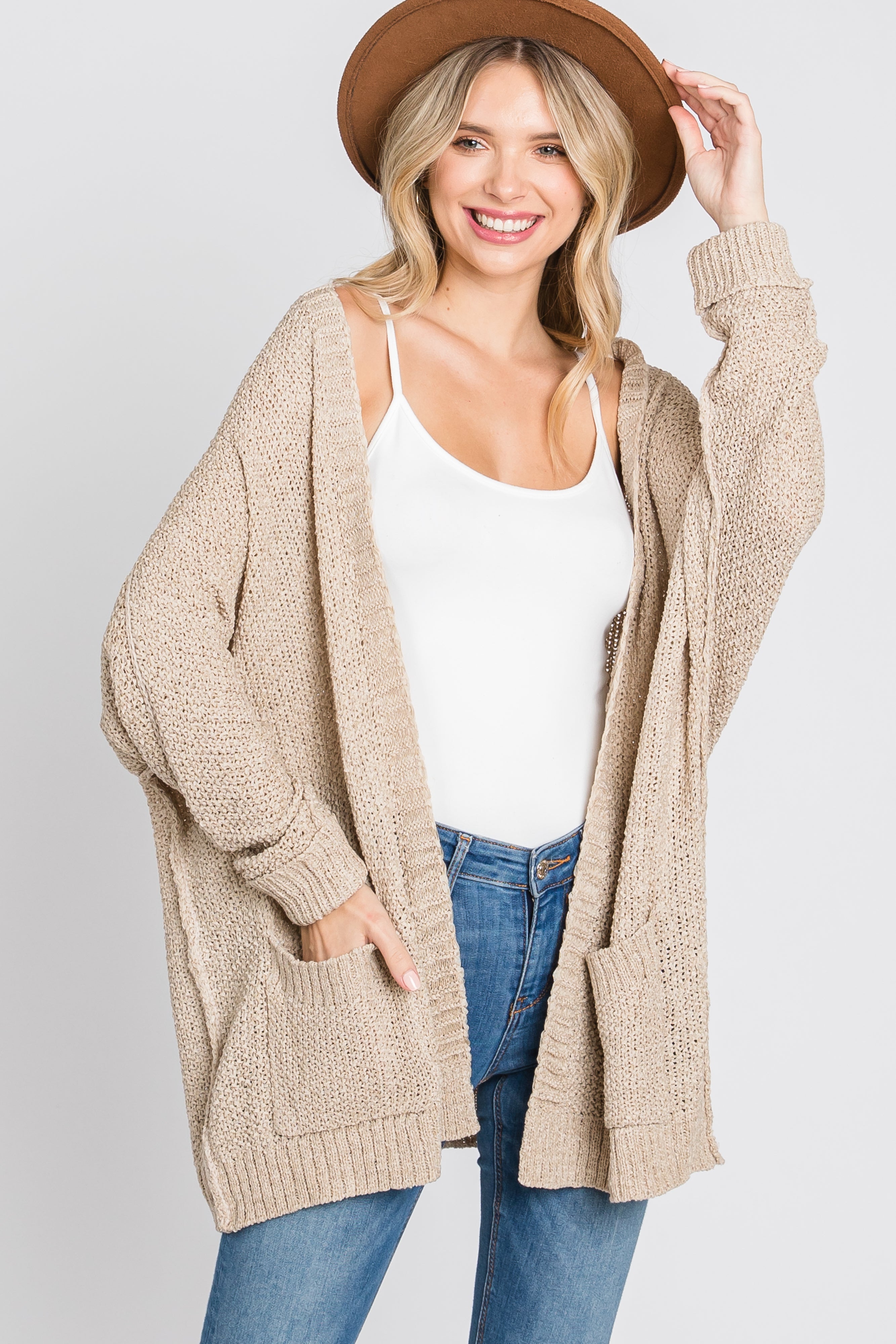 Beige Cuff Sleeve Cardigan for Women - Soft Knit Open Front Long Sweater - Cozy Fall & Winter Layering Piece for Office, Date Night or Casual Outfits