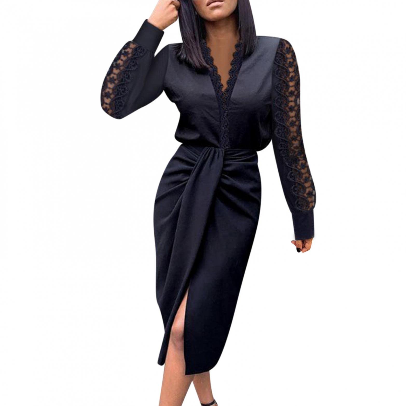 Elegant Women's V-Neck Lace Long Sleeve Wrap Dress with Hip Waist Accent - Perfect for Cocktail Parties, Date Nights & Formal Occasions