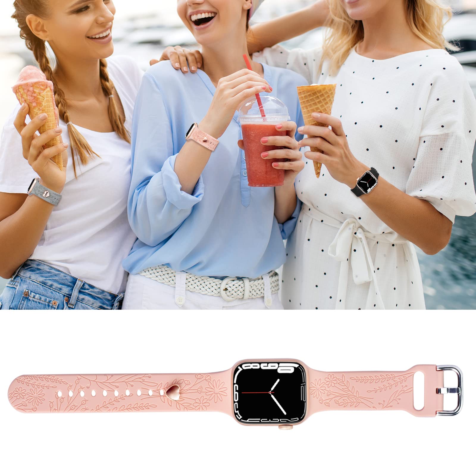 Floral Engraved Apple Watch Bands with Charms - Soft Sport Silicone Replacement Strap for iWatch Series SE/8/7/6/5/4/3/2/1 - 38mm 40mm 41mm Women's Wristbands - Perfect for Workouts, Daily Wear & Fashion Accessories