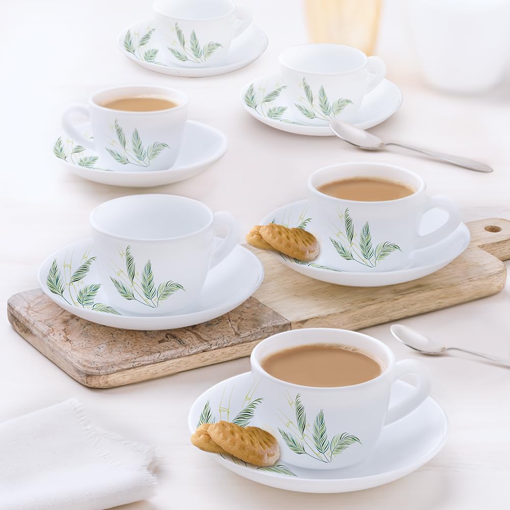 Borosil Breeze Opalware 12-Piece Tea & Coffee Cup Set with Saucers | 140ml Microwave & Dishwasher Safe Cups | Bone-Ash Free Durable Dinnerware for Home, Office & Gifting | Elegant White Crockery Set for Daily Use, Parties & Hospitality