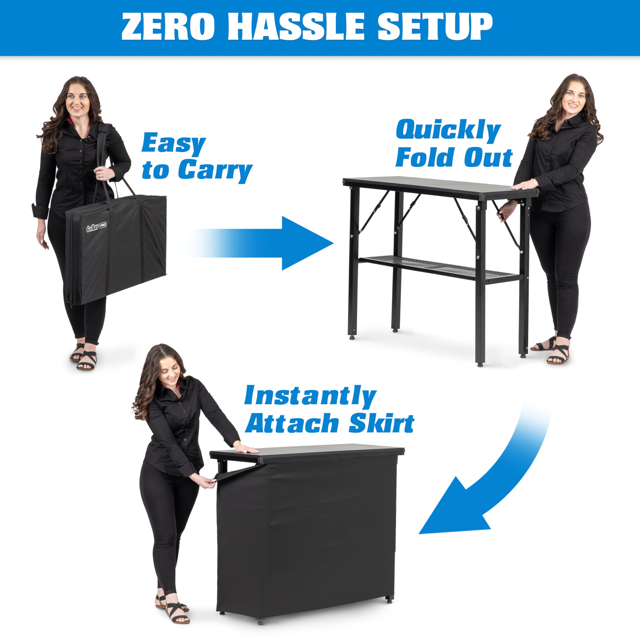 GoBar PRO Commercial Grade Portable Bar Table - Mobile Bartending Station for Weddings, Parties & Events - Includes Black Skirt & Carry Case - Standard or LED Light Options (45