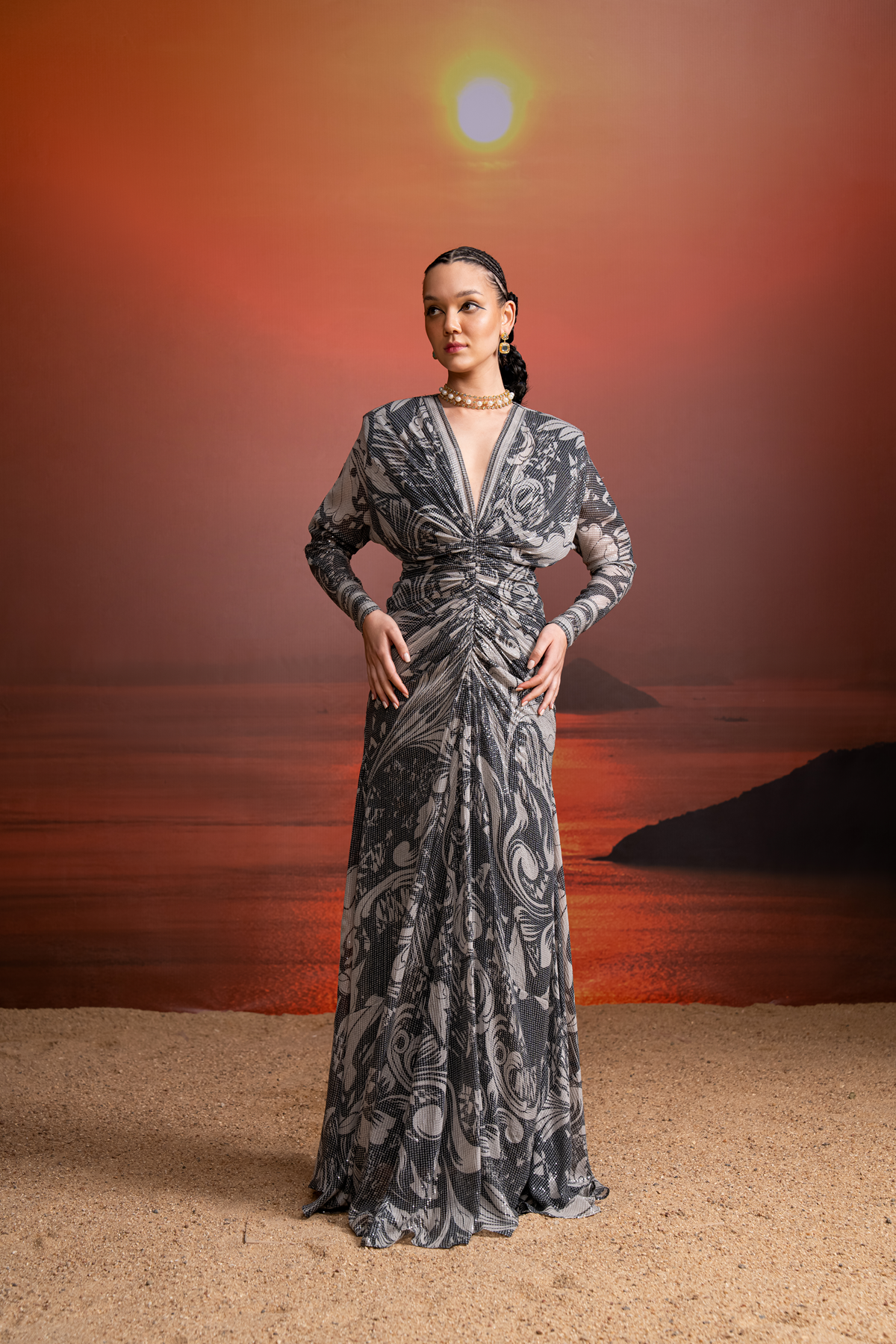 NOIR SWIRL PRINTED SEQUINS DRAPED DRESS - Elegant Black Sequin Party Dress for Women, Perfect for Evening Events, Cocktail Parties & Special Occasions