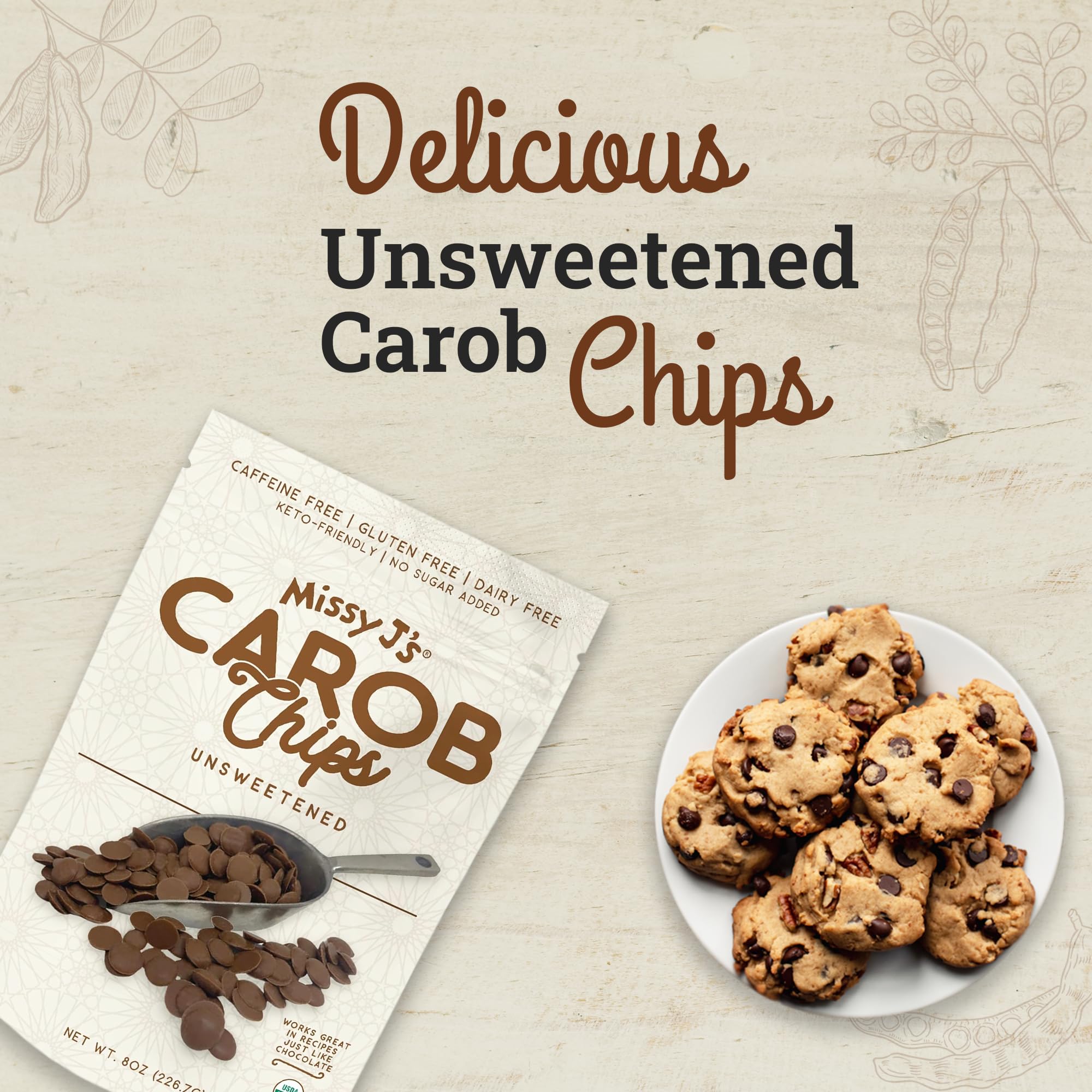 Organic Unsweetened Carob Chips 8 Oz - Vegan, Gluten-Free, Caffeine-Free Healthy Chocolate Alternative - Perfect for Baking, Snacks, Desserts & Vegan Treats