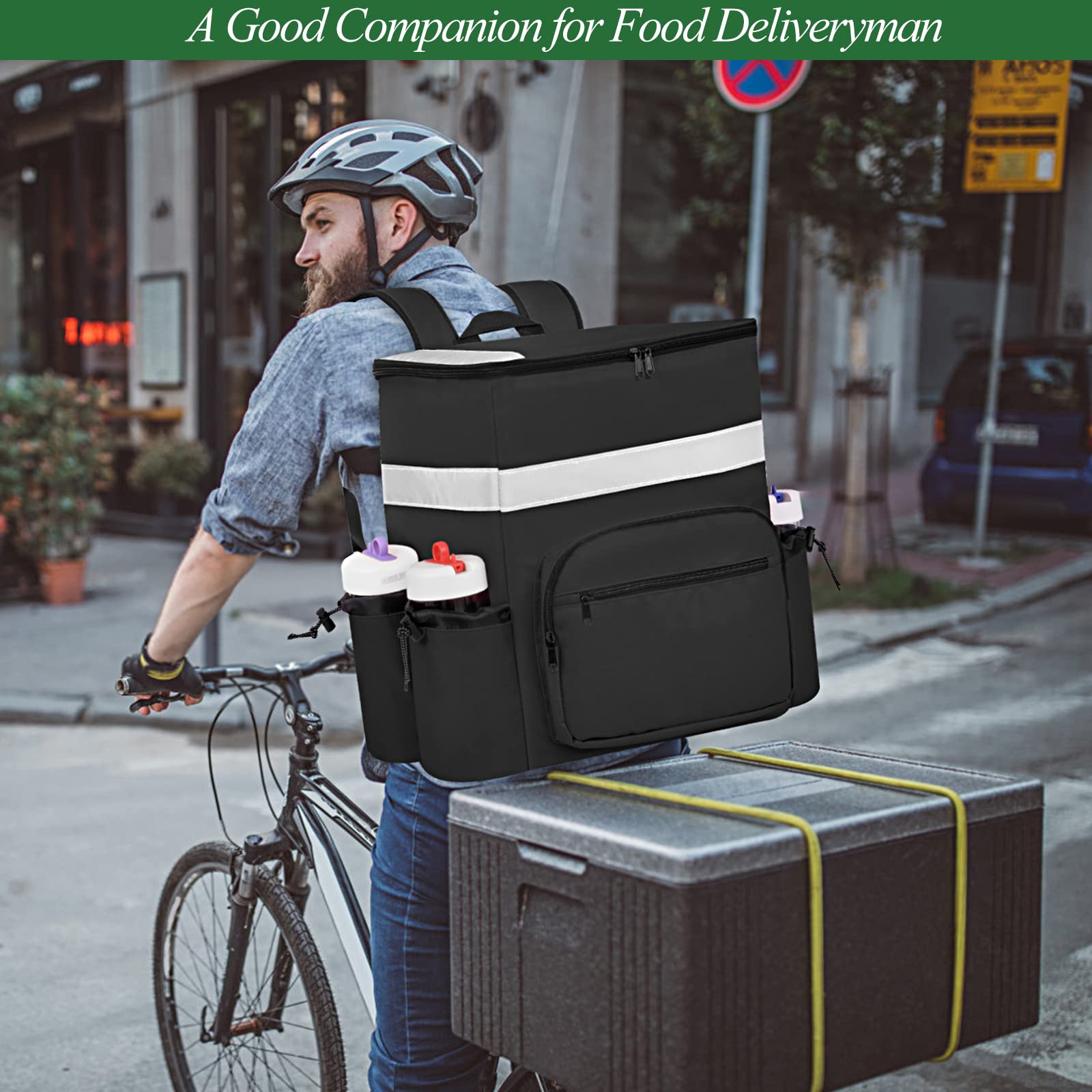 Insulated Pizza Delivery Backpack with Cup Holders & Support Boards - Hot/Cold Food Carrier for Bike Delivery - Perfect for Uber Eats, DoorDash & Restaurant Takeout (Black)