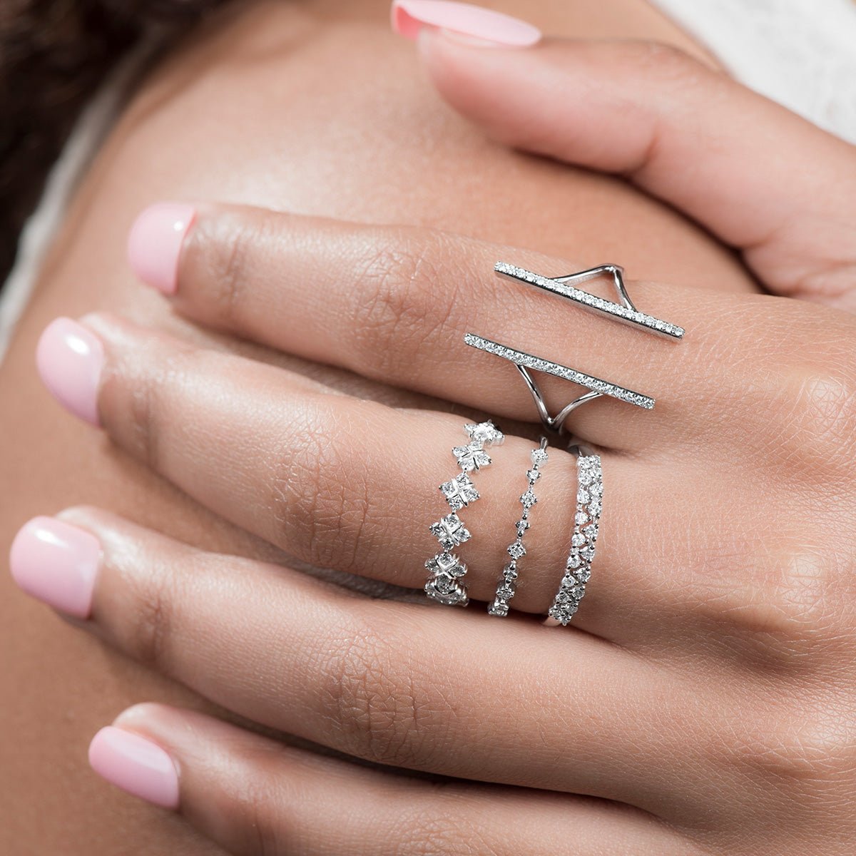 14k White Gold Diamond Double Bar Wrap Around Cocktail Ring for Women - Elegant Party, Wedding & Evening Wear Jewelry