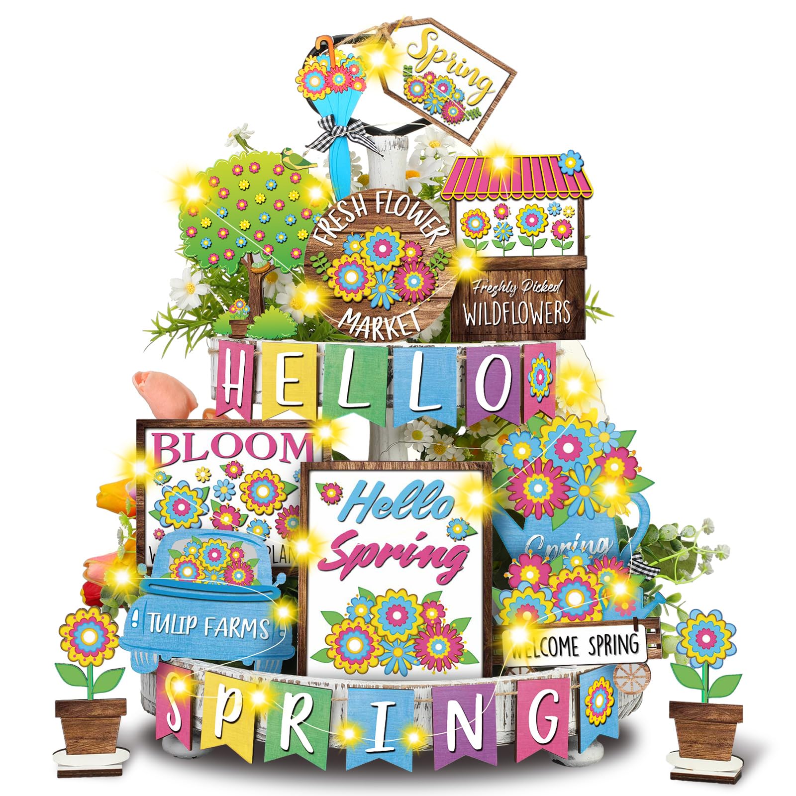 15 Pcs Farmhouse Daisy Wooden Tiered Tray Decor Set - Spring Floral Table Signs & Shelf Decorations for Home, Kitchen, Party - Perfect for Easter, Mother's Day & Farmhouse Style Decorating