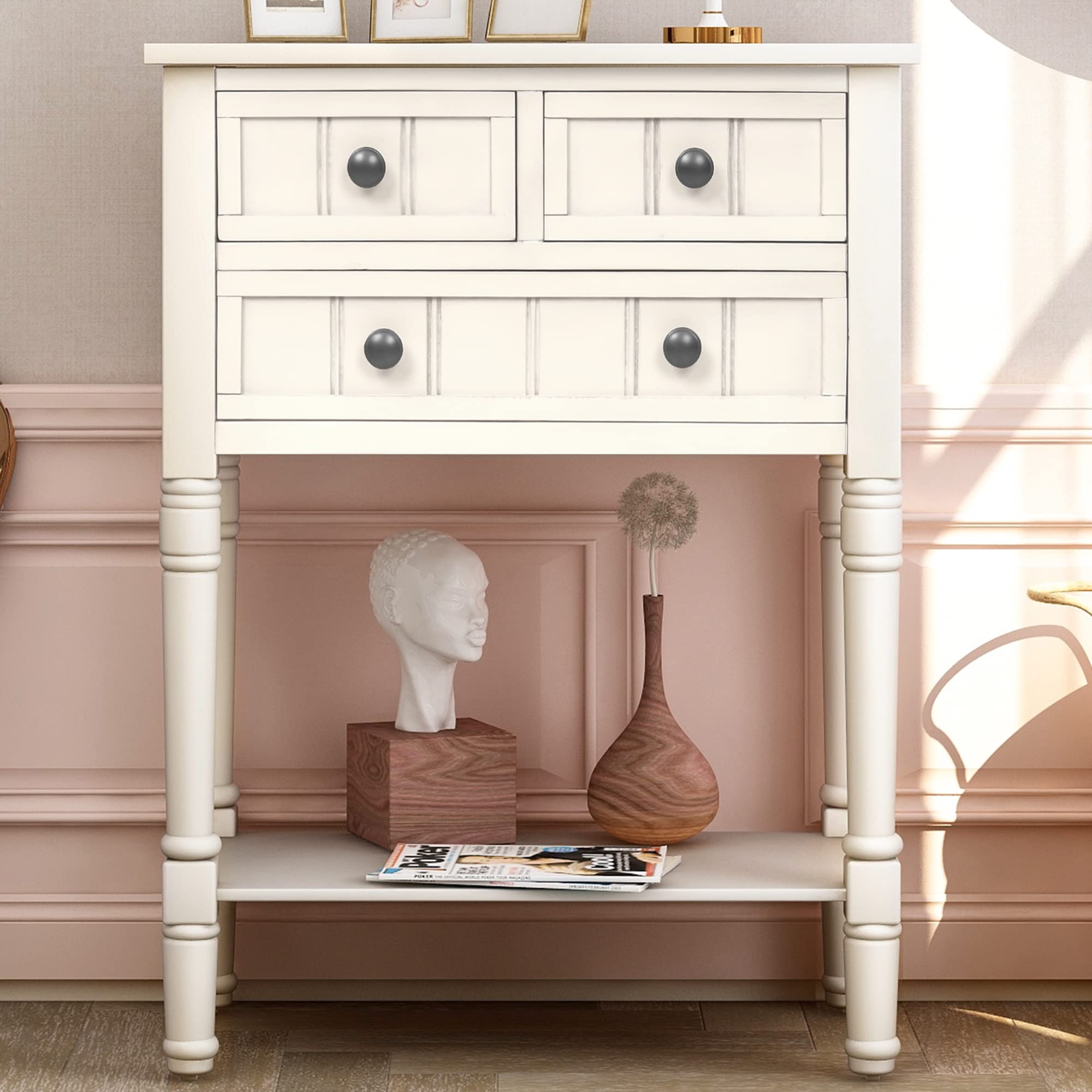 P PURLOVE Wooden Sofa Table with 3 Drawers & Bottom Shelf - Entryway Console Table with Storage, Easy Assembly for Living Room, Hallway, Foyer - Ivory White - Perfect for Small Spaces & Home Organization