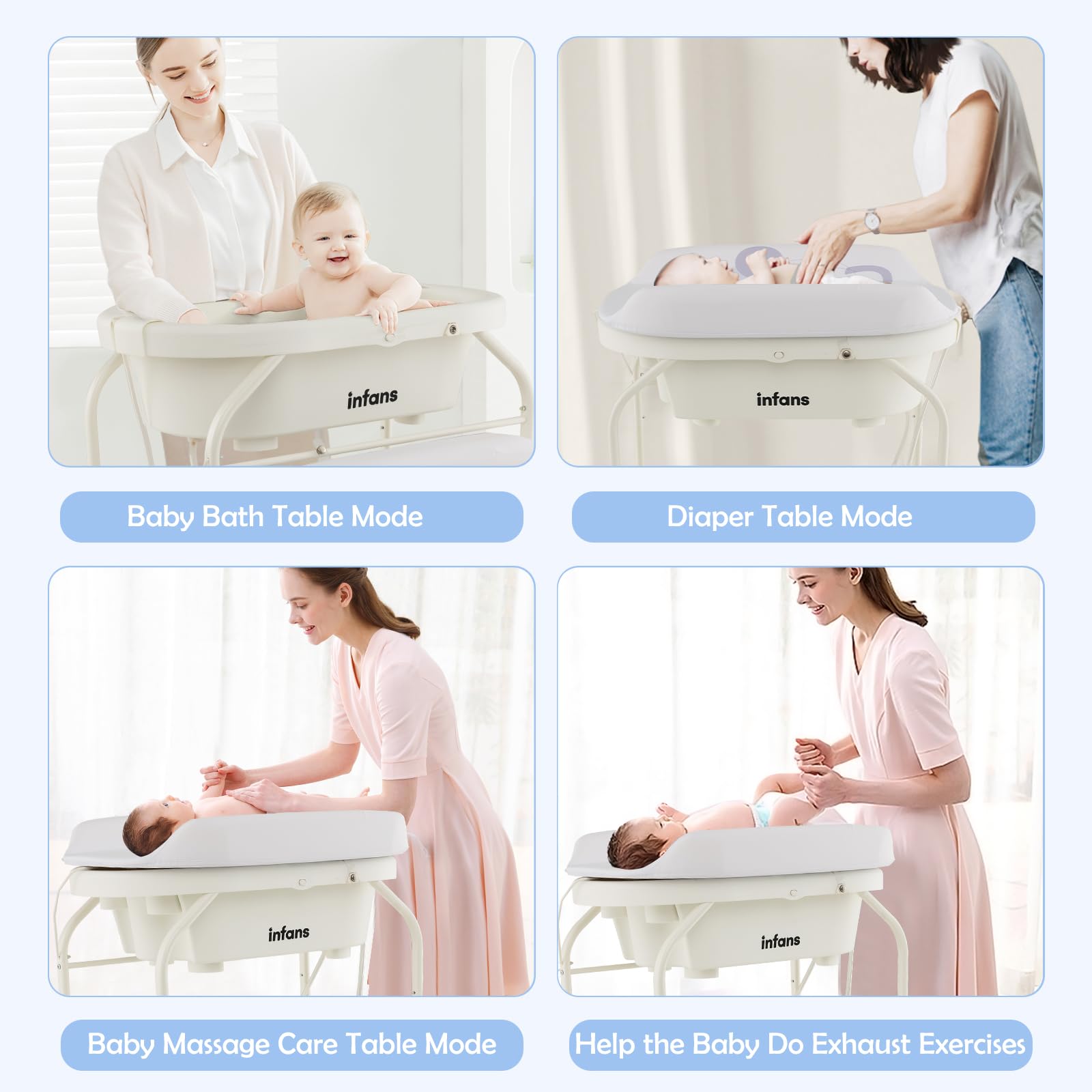 INFANS 2-in-1 Baby Changing Table with Bathtub - Foldable Diaper Station with Wheels, Waterproof Pad & Storage Rack - Portable Nursery Organizer for Newborns & Infants (White) - Perfect for Small Spaces, Daycare Centers & Home Nurseries