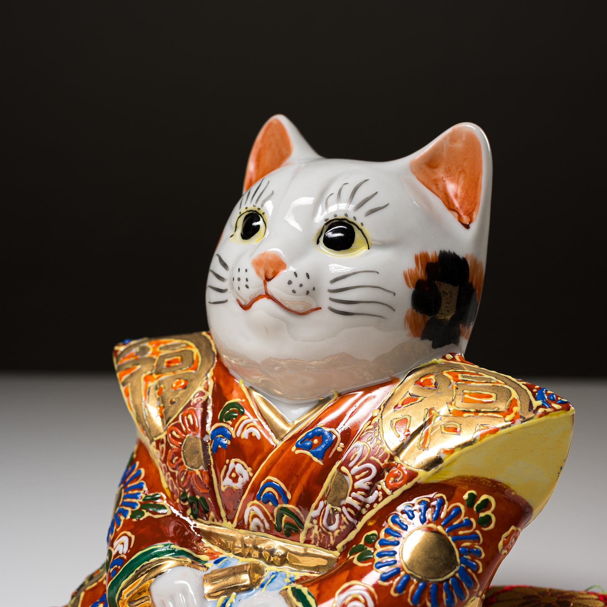 Kutani Ware Shogun Cat Lucky Charm - Japanese Handcrafted Ceramic Animal Ornament for Home Decor, Office Feng Shui, and Gift Giving