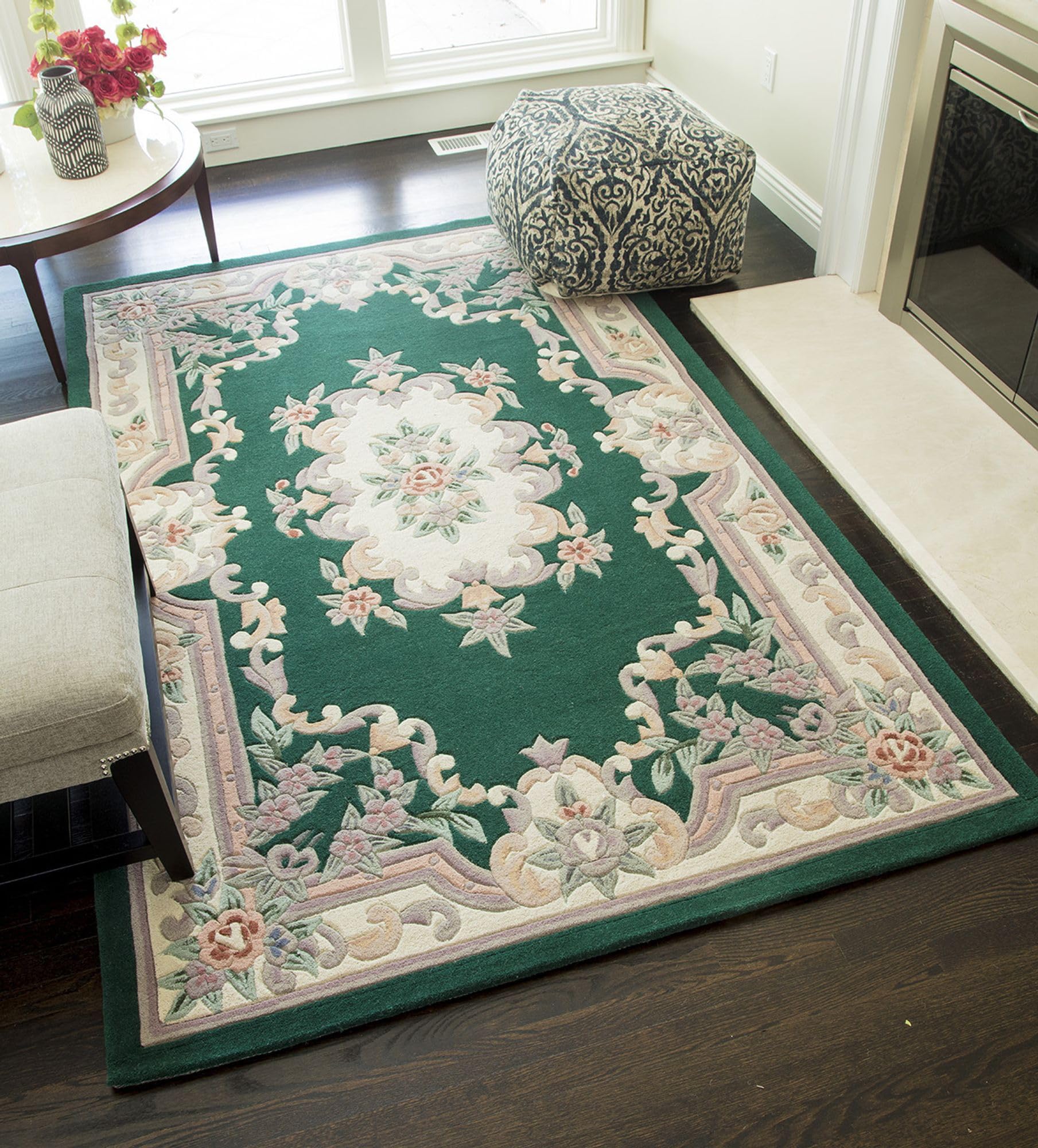 Rugs America New Aubusson Area Rug 4x6 Feet - Emerald Green Vintage Floral Design - Perfect for Living Room, Bedroom & Dining Room Decor