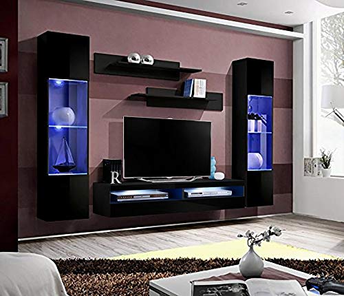 Modern Black Wall-Mounted TV Stand with Storage Shelves & LED Lights - 35