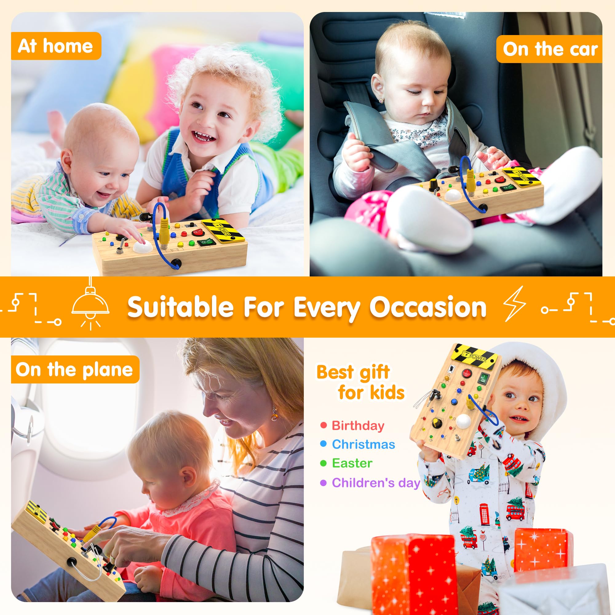Montessori Busy Board - Wooden Sensory Toy with Light Switch for Toddlers 1-4 Years - Perfect for Travel & Learning