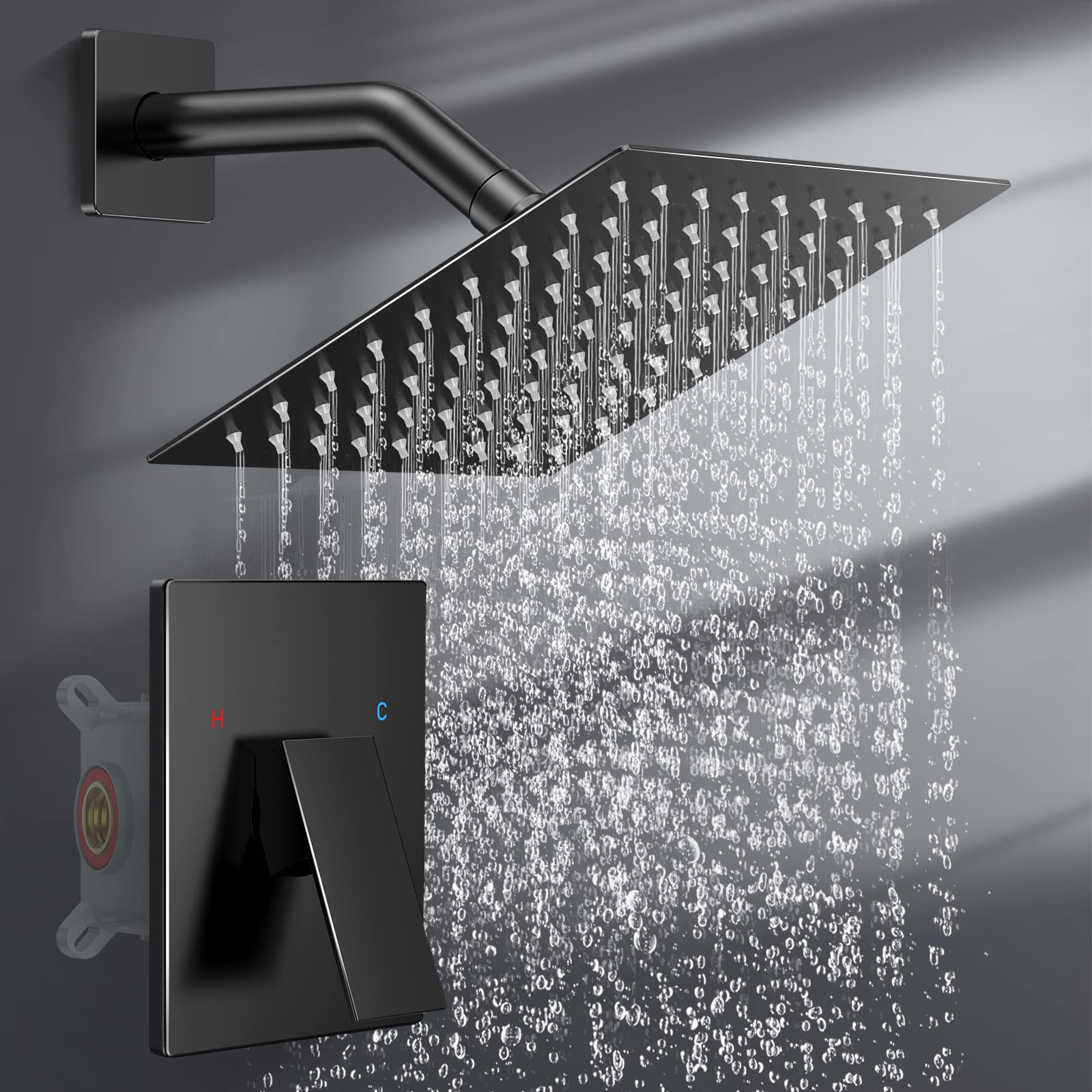 8in Black Pressure Balance Shower Valve Kit - Stainless Steel Rainfall Shower System with Brass Rough-in Valve for Bathroom Remodel | Perfect for Modern Home Spa Experience