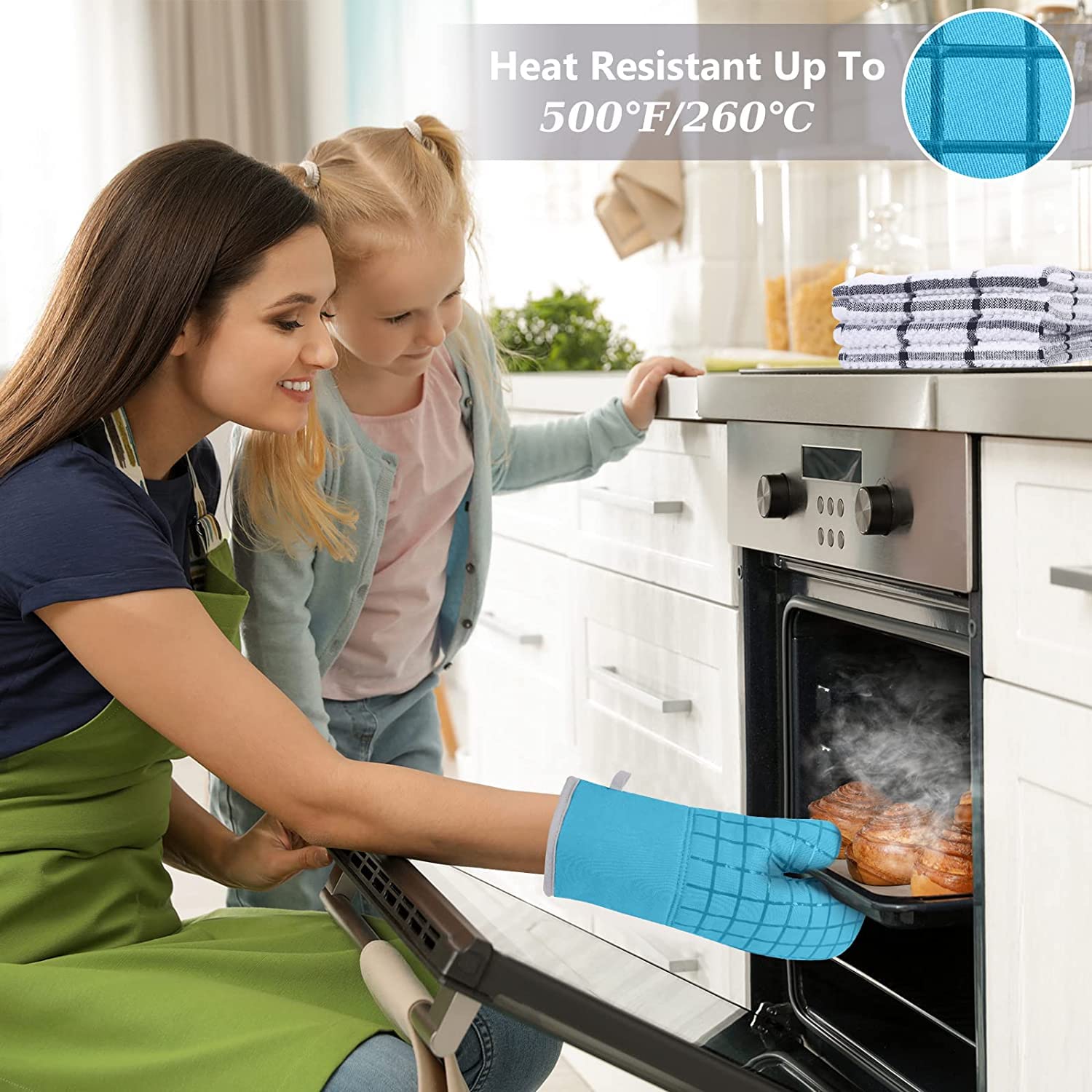 Heat Resistant Oven Mitts & Pot Holders Set - 500°F Safe Kitchen Mitts with Dish Towels & Dishcloths, 6-Piece Turquoise Set for Baking, Cooking & Grilling - Includes Hanging Loop for Easy Storage