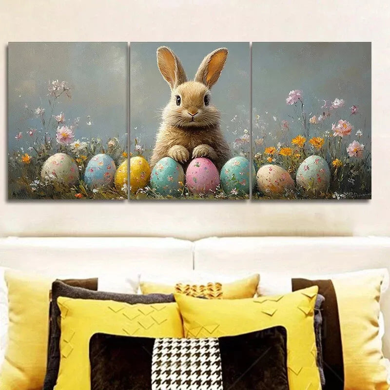 3pcs Adorable Easter Bunny with Eggs Wall Art Set - Framed Canvas 40x60cm - High Quality Print - 100% Australian Made - Ready to Hang - Perfect for Easter Home Decor & Spring Wall Decoration