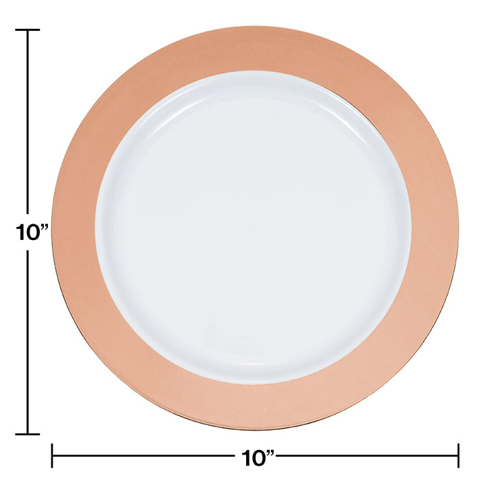 10.25 Inch Rose Gold Rim Plastic Plates - Set of 10, Elegant Disposable Dinner Plates for Parties, Weddings, and Special Events