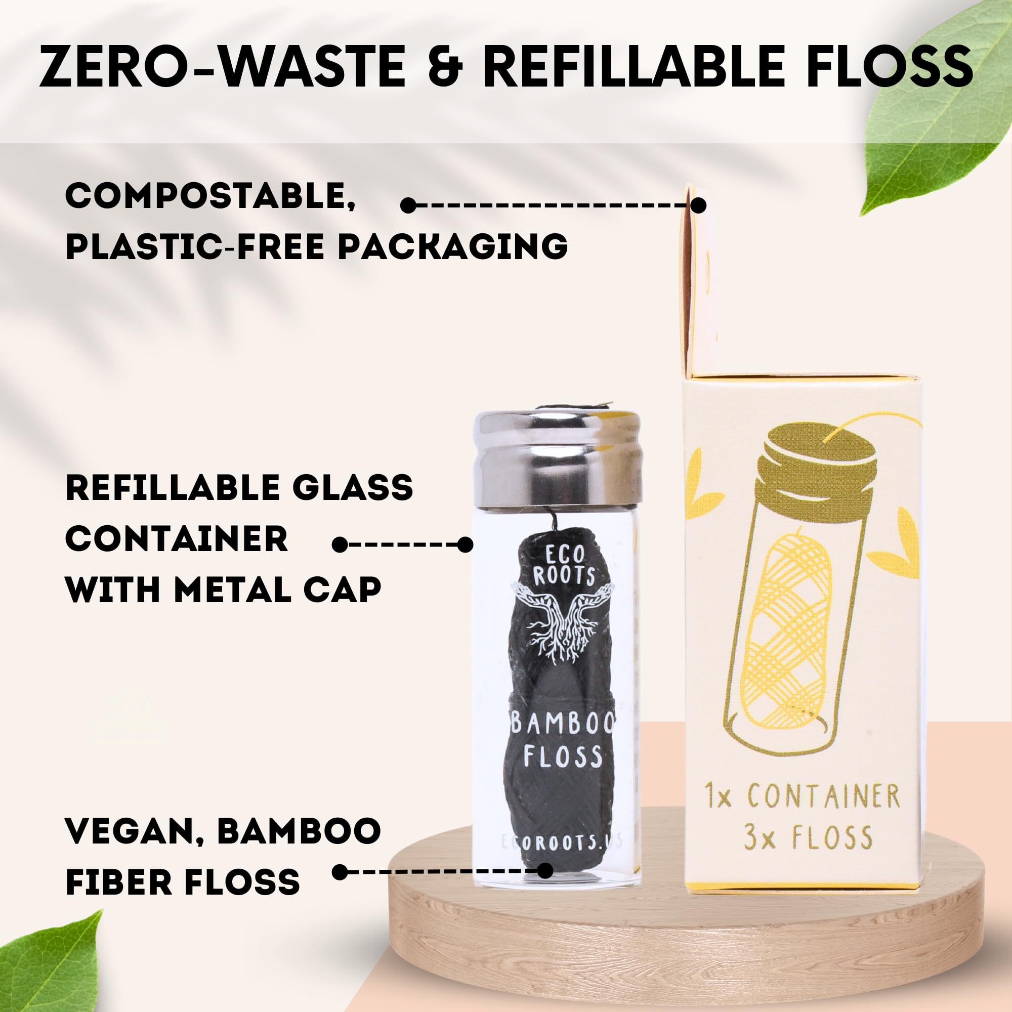 Eco-Friendly Natural Bamboo Dental Floss - Refillable Glass Container with 3 Biodegradable Floss Refills (33 Yards Each) | Vegan, Non-Toxic, Zero Waste Oral Care | Perfect for Travel, Home & Sustainable Lifestyle