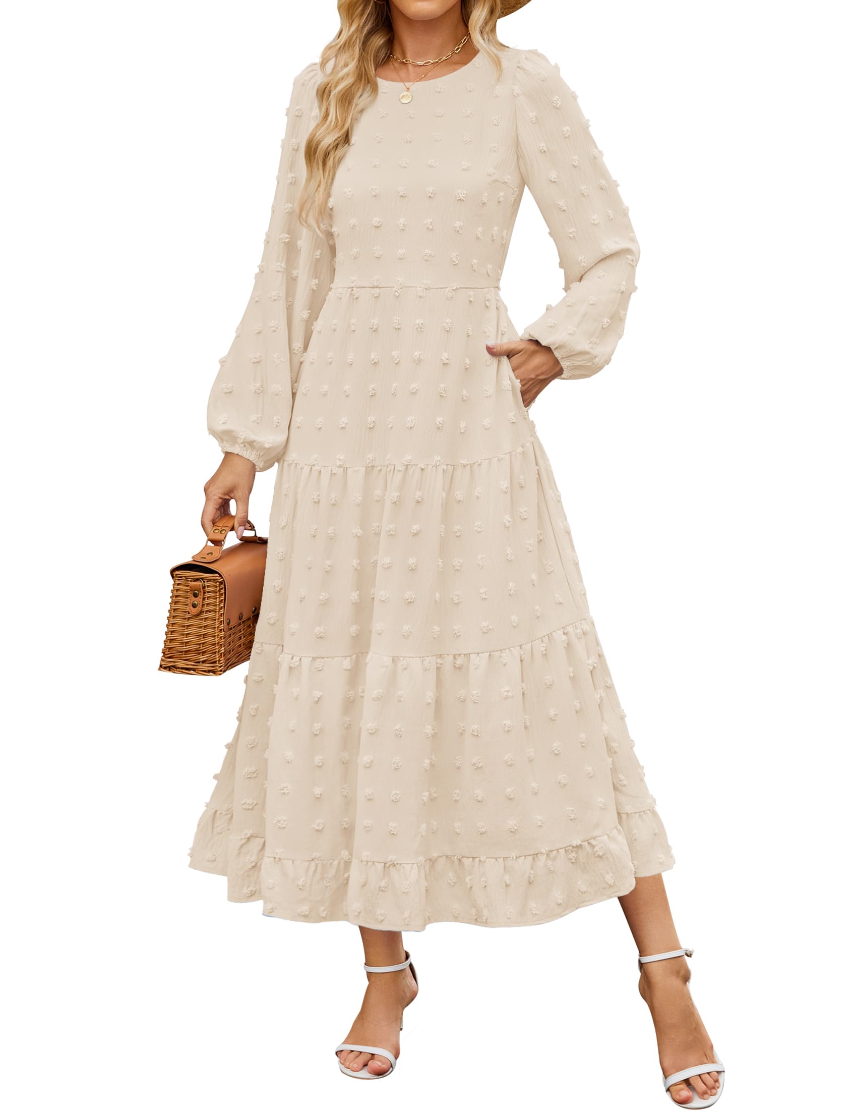 ZESICA Women's Long Sleeve Swiss Dot Maxi Dress - Casual Crew Neck Tiered A-Line Flowy Dress for Wedding Guest, Spring Party, Date Night & Special Occasions