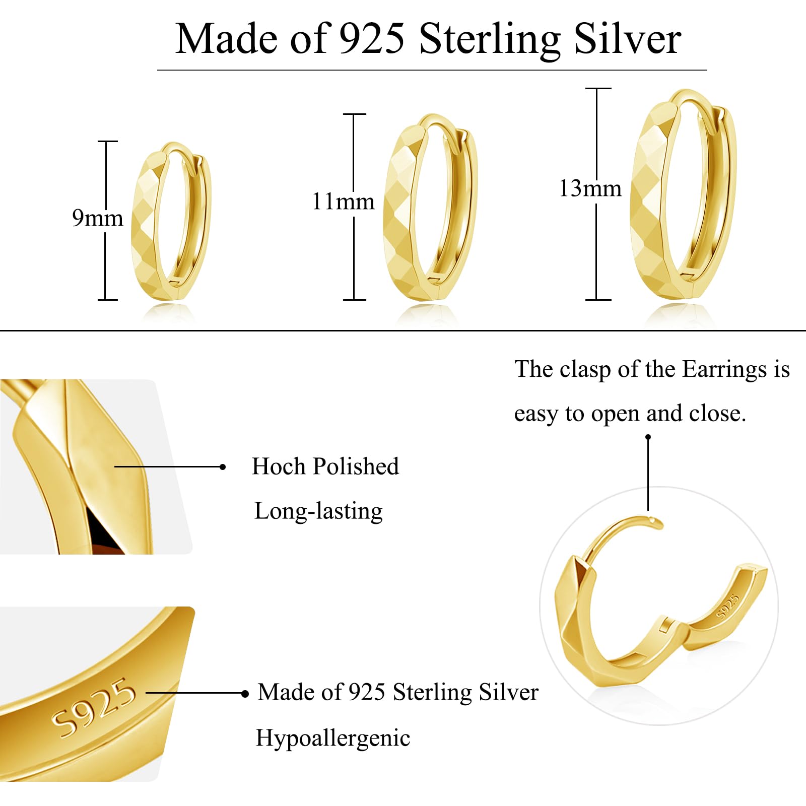 3 Pairs 925 Sterling Silver Hoop Earrings for Women | Hypoallergenic Sleeper & Huggie Earrings Set (9mm, 11mm, 13mm) | Round Silver Hoops for Multiple Piercings | Perfect for Everyday Wear, Parties & Gifts